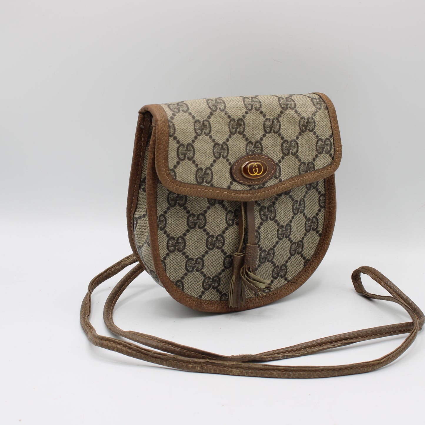 Gucci Beige GG Canvas Leather Trim Oval Crossbody Bag