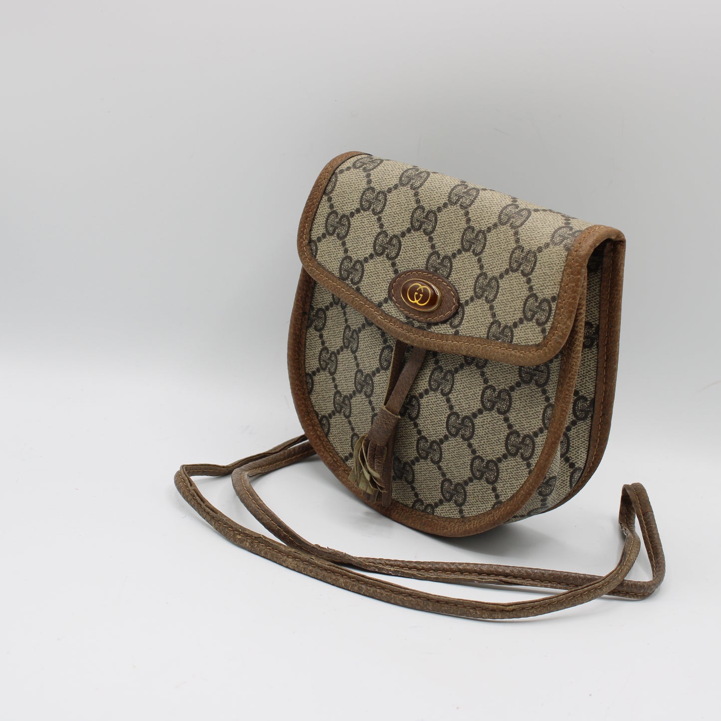 Gucci Beige GG Canvas Leather Trim Oval Crossbody Bag