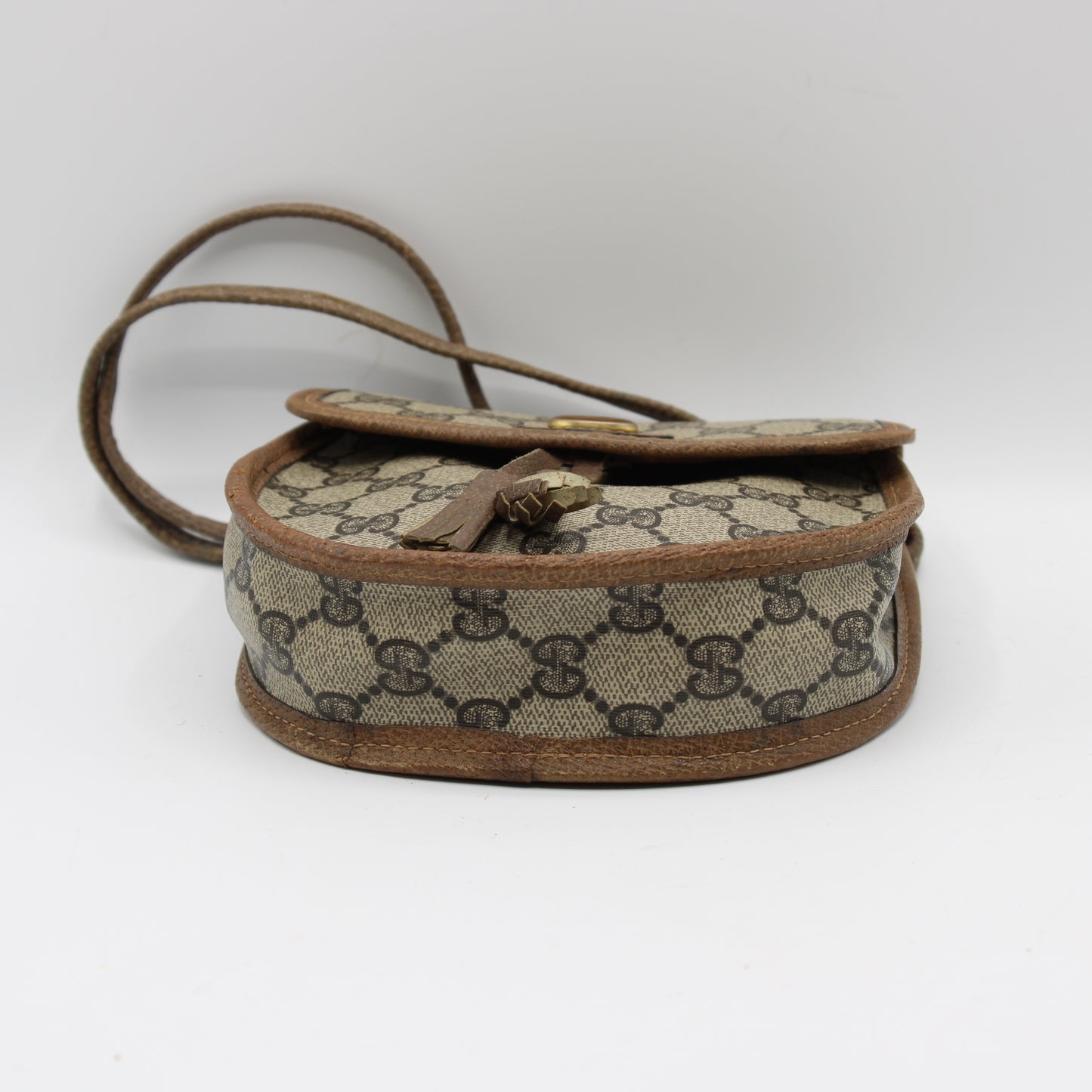Gucci Beige GG Canvas Leather Trim Oval Crossbody Bag