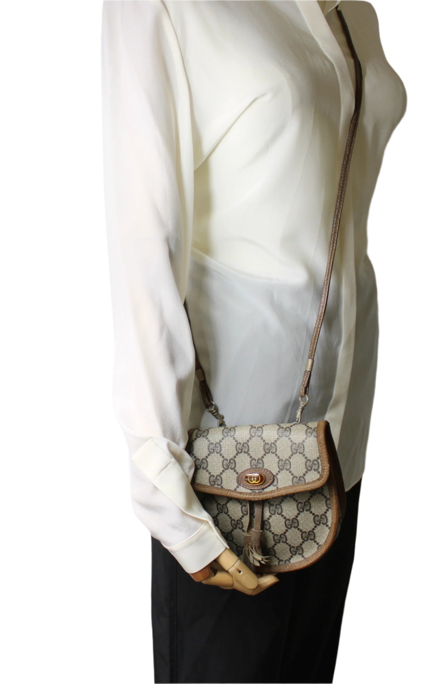 Gucci Beige GG Canvas Leather Trim Oval Crossbody Bag