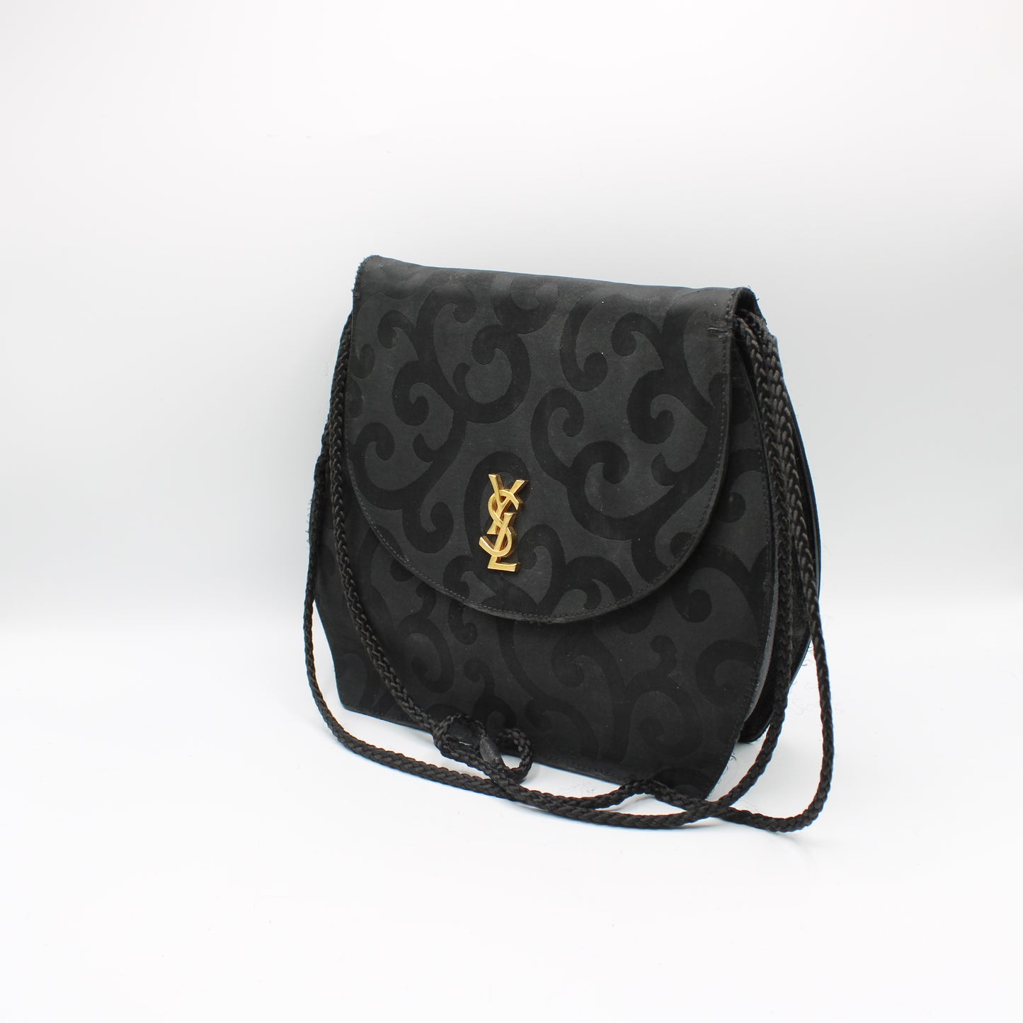Yves Saint Laurent Black Satin Scroll Pattern Crossbody Shoulder Bag