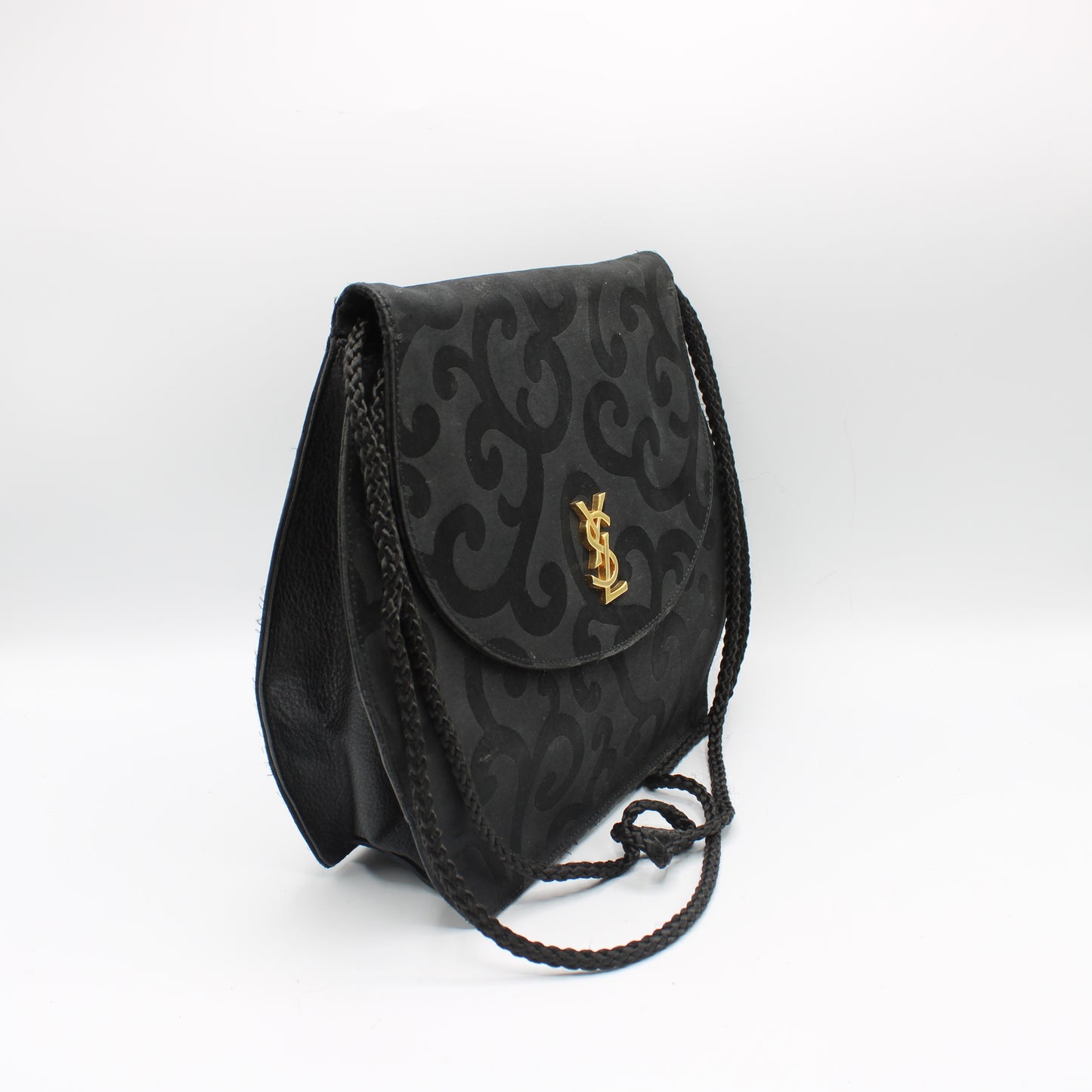 Yves Saint Laurent Black Satin Scroll Pattern Crossbody Shoulder Bag