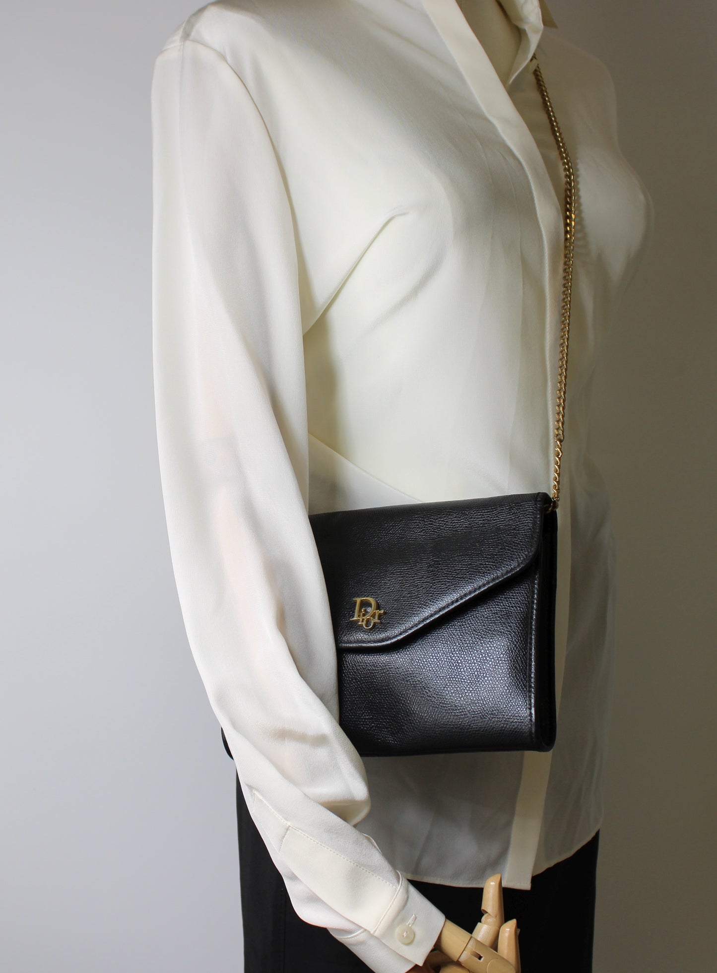 Christian Dior Black Leather Gold Logo Chain Crossbody Bag