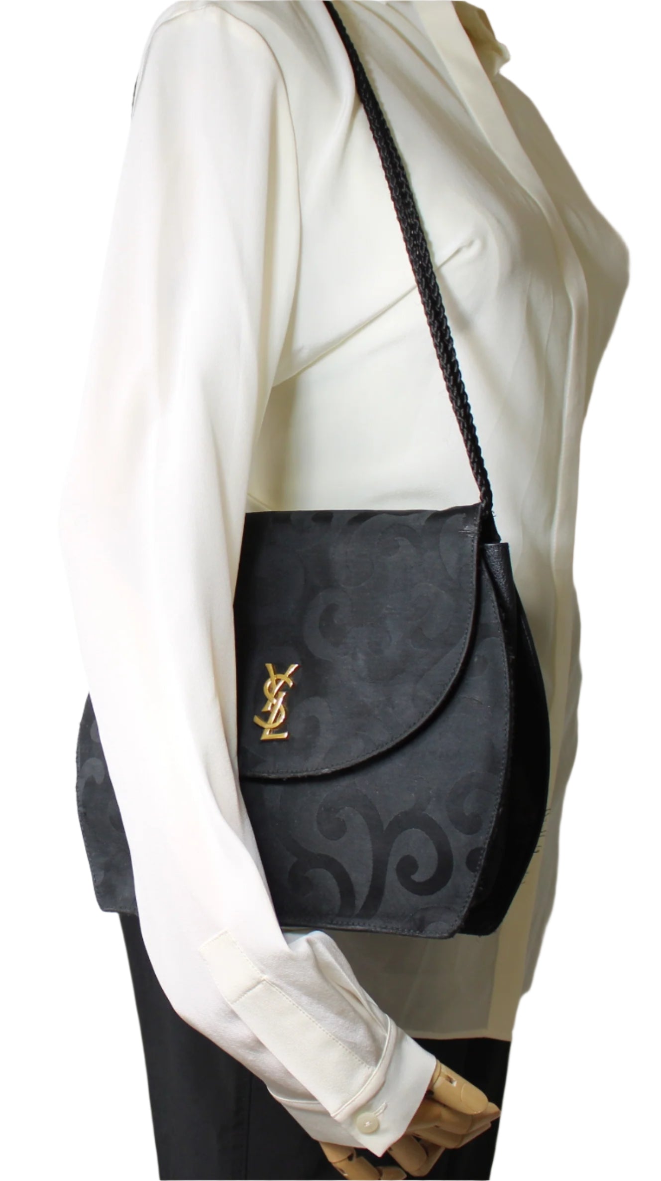 Yves Saint Laurent Black Satin Scroll Pattern Crossbody Shoulder Bag