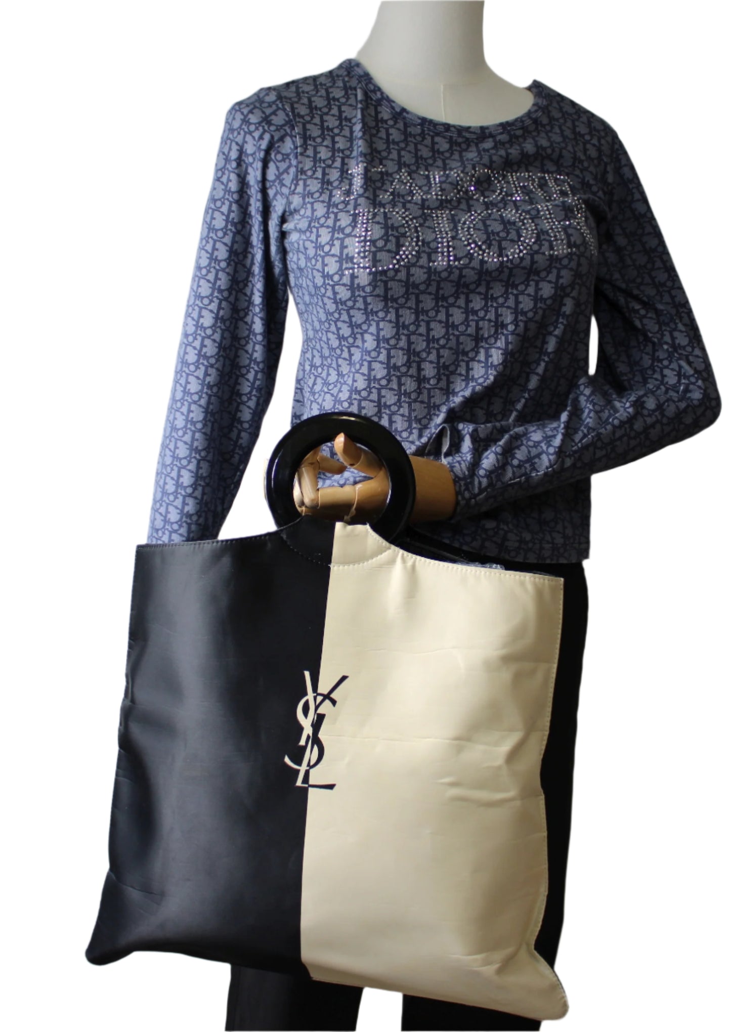 Yves Saint Laurent Black White Cloth Logo Ring Handle Tote Bag