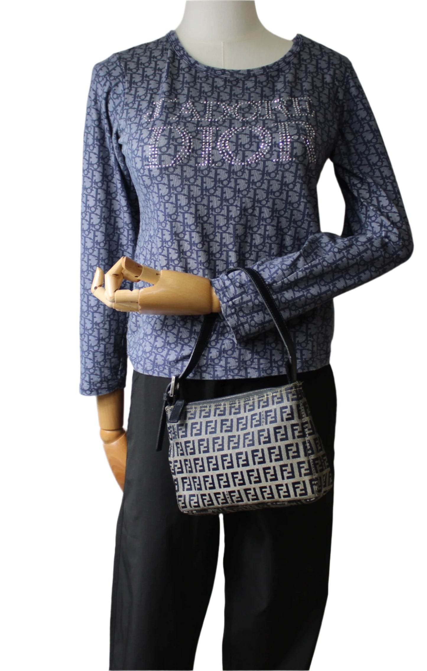 Fendi Brown Zucca Canvas and Navy Leather Mini Shoulder Bag