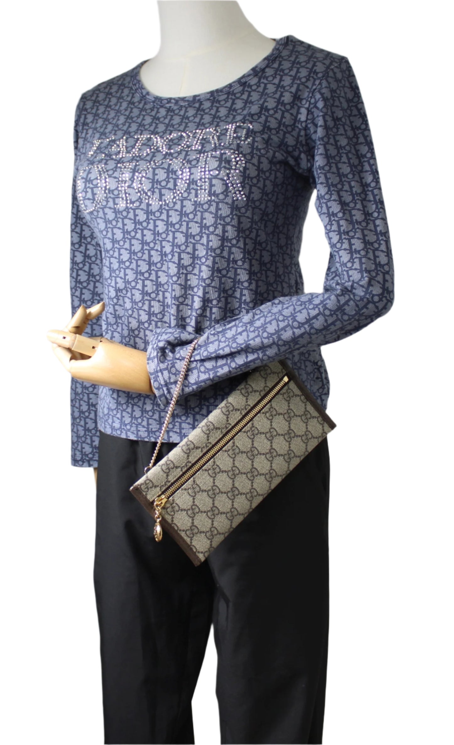 Gucci Beige GG Canvas Leather Trim Chain Clutch Bag