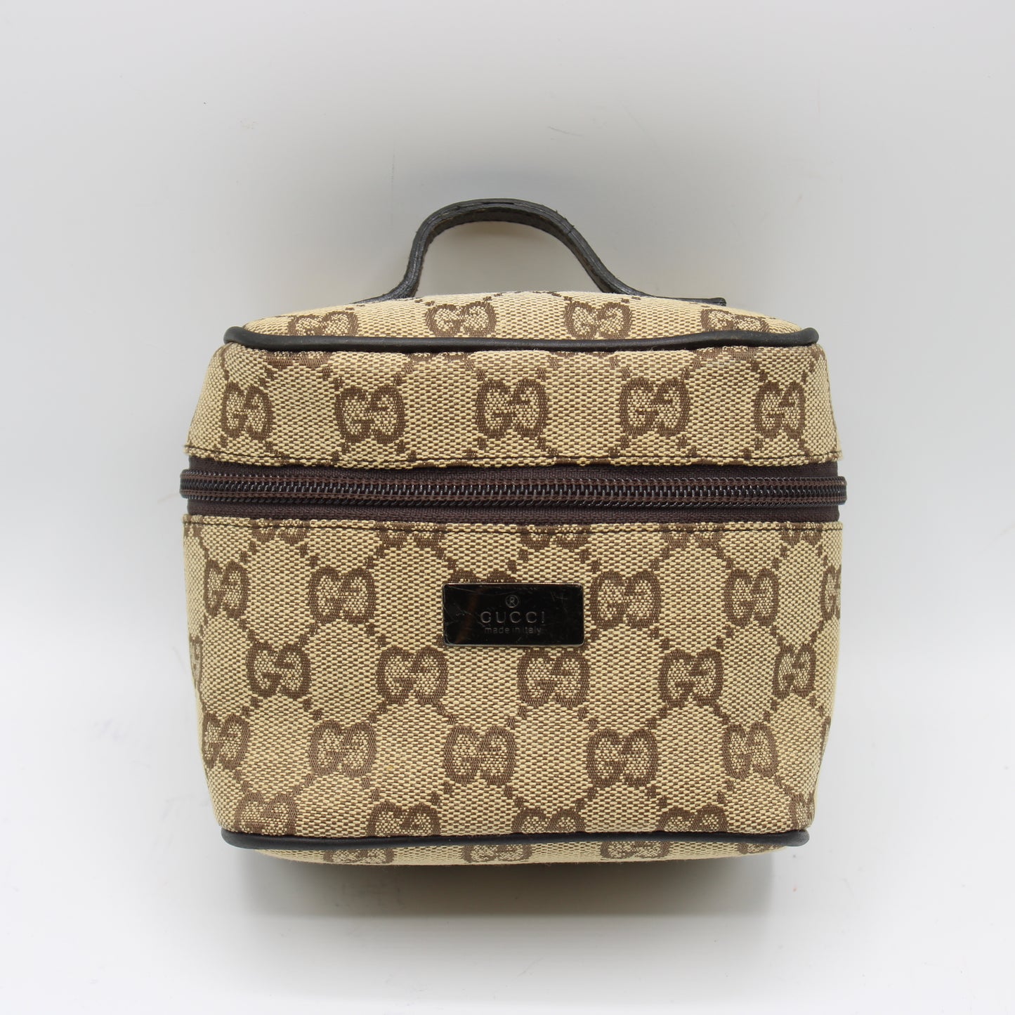 Gucci Beige Brown GG Canvas Leather Mini Vanity Hand Bag