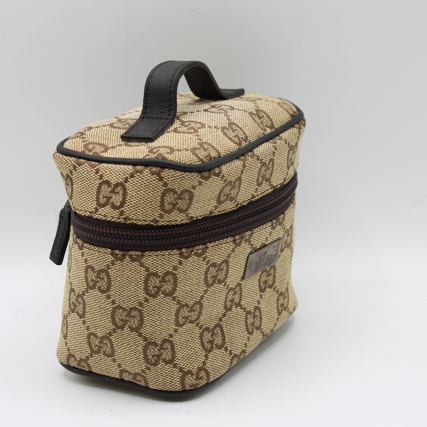 Gucci Beige Brown GG Canvas Leather Mini Vanity Hand Bag