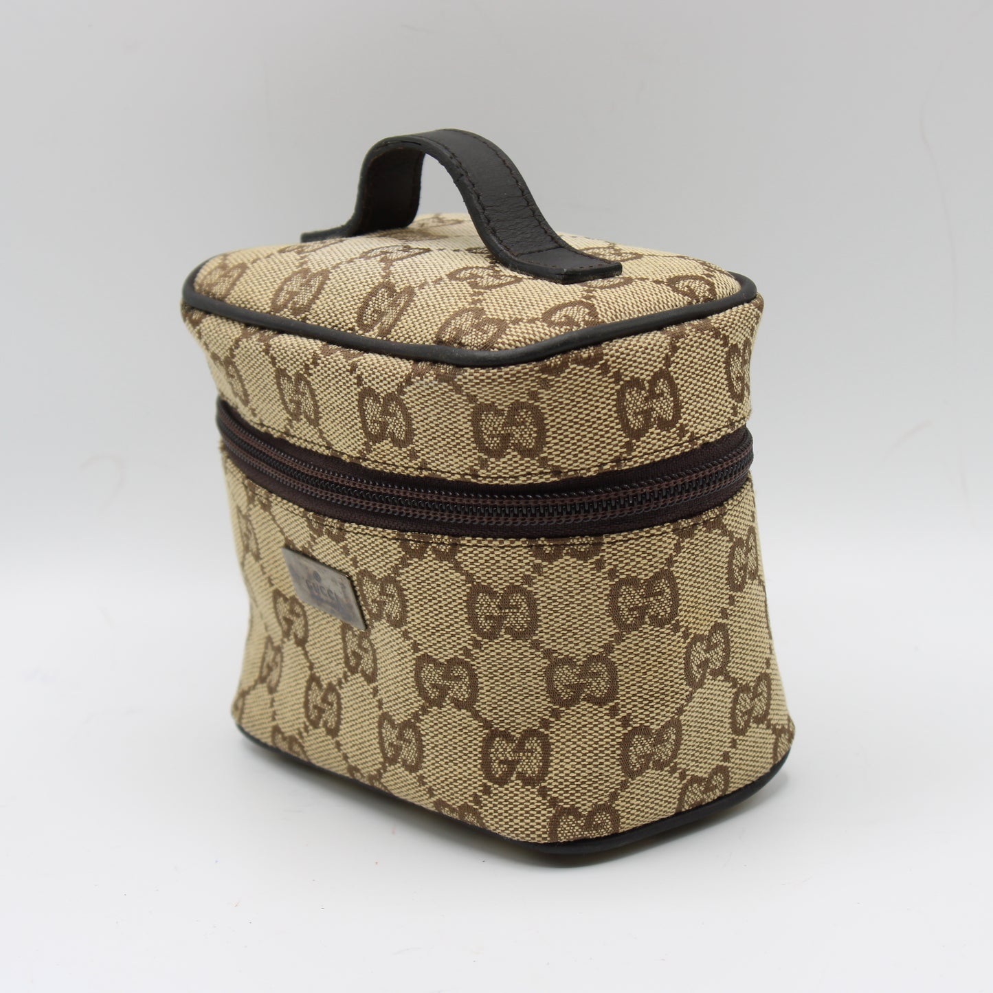 Gucci Beige Brown GG Canvas Leather Mini Vanity Hand Bag