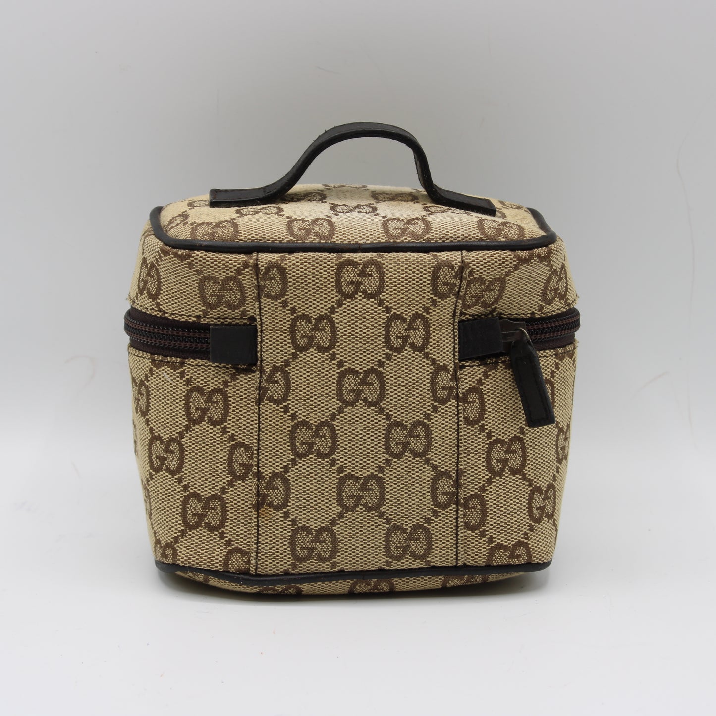 Gucci Beige Brown GG Canvas Leather Mini Vanity Hand Bag