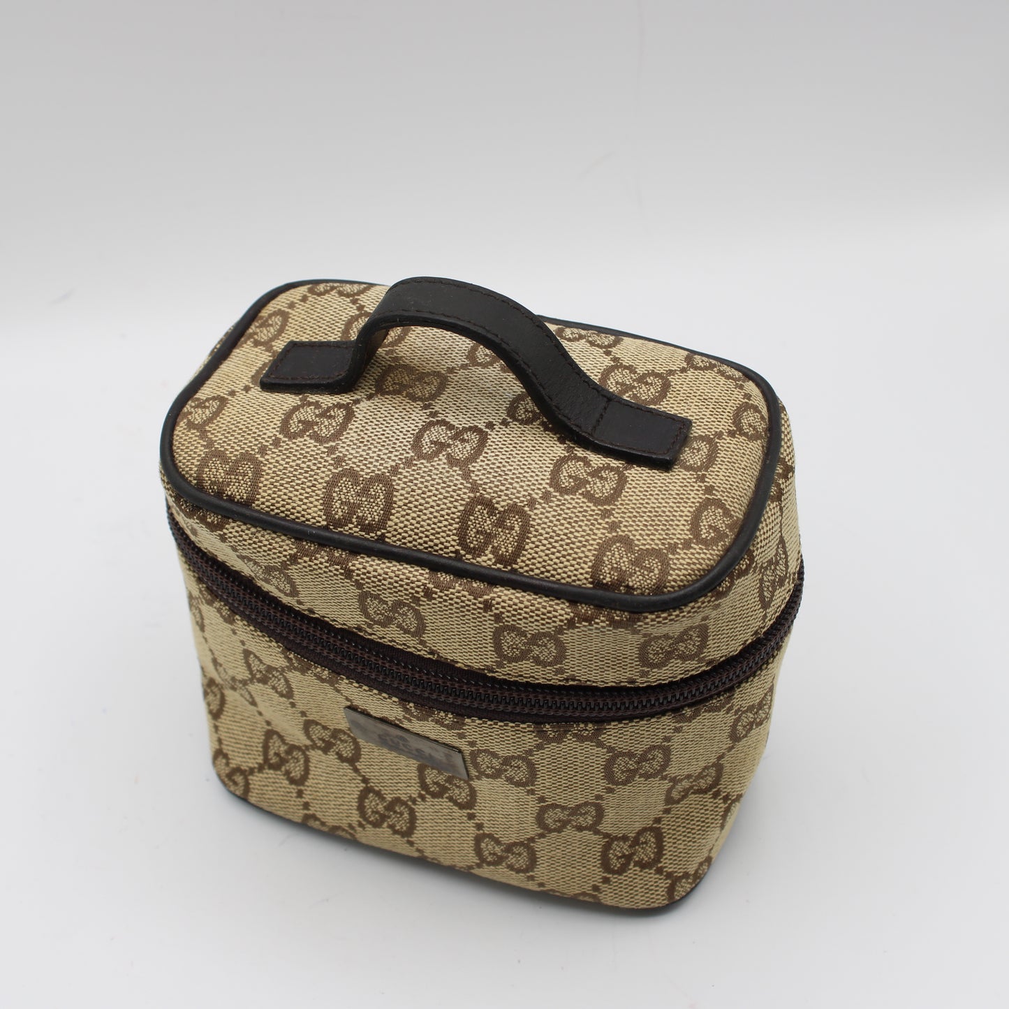 Gucci Beige Brown GG Canvas Leather Mini Vanity Hand Bag