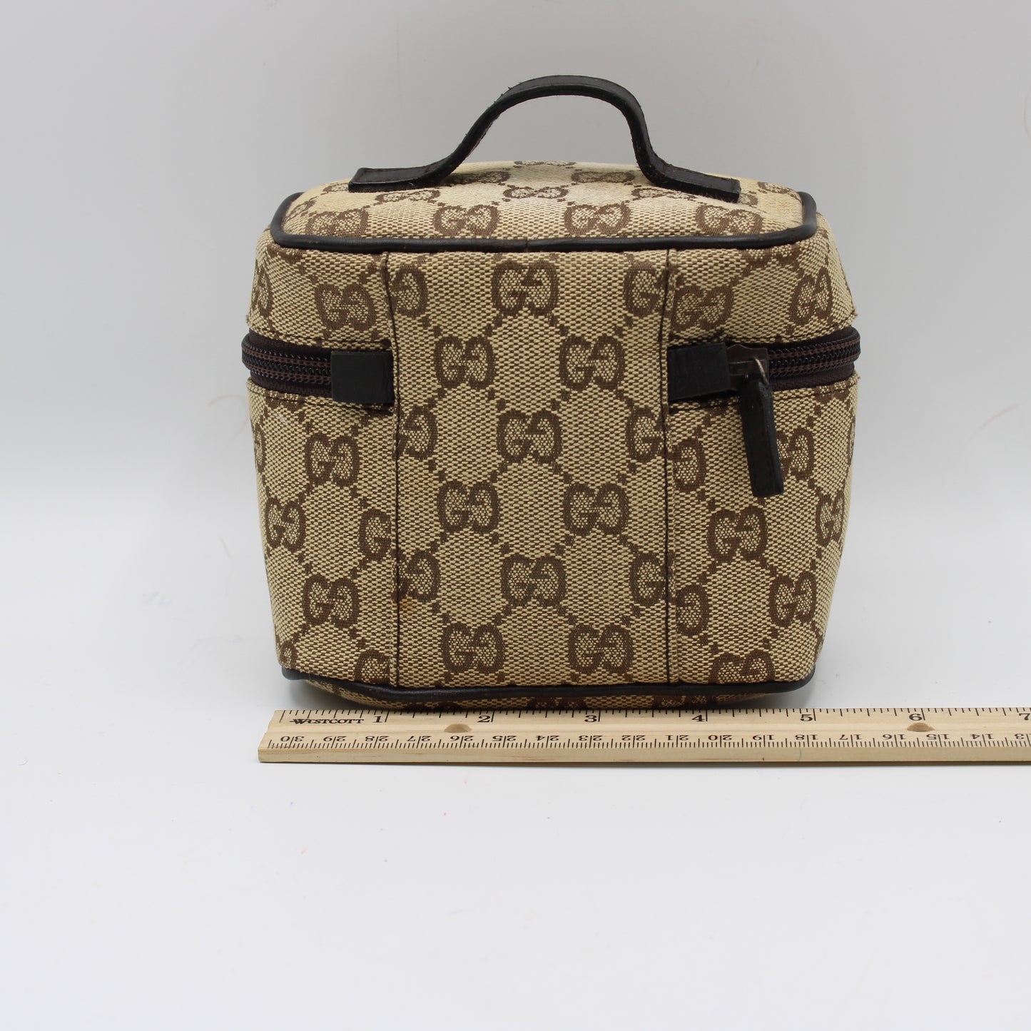 Gucci Beige Brown GG Canvas Leather Mini Vanity Hand Bag