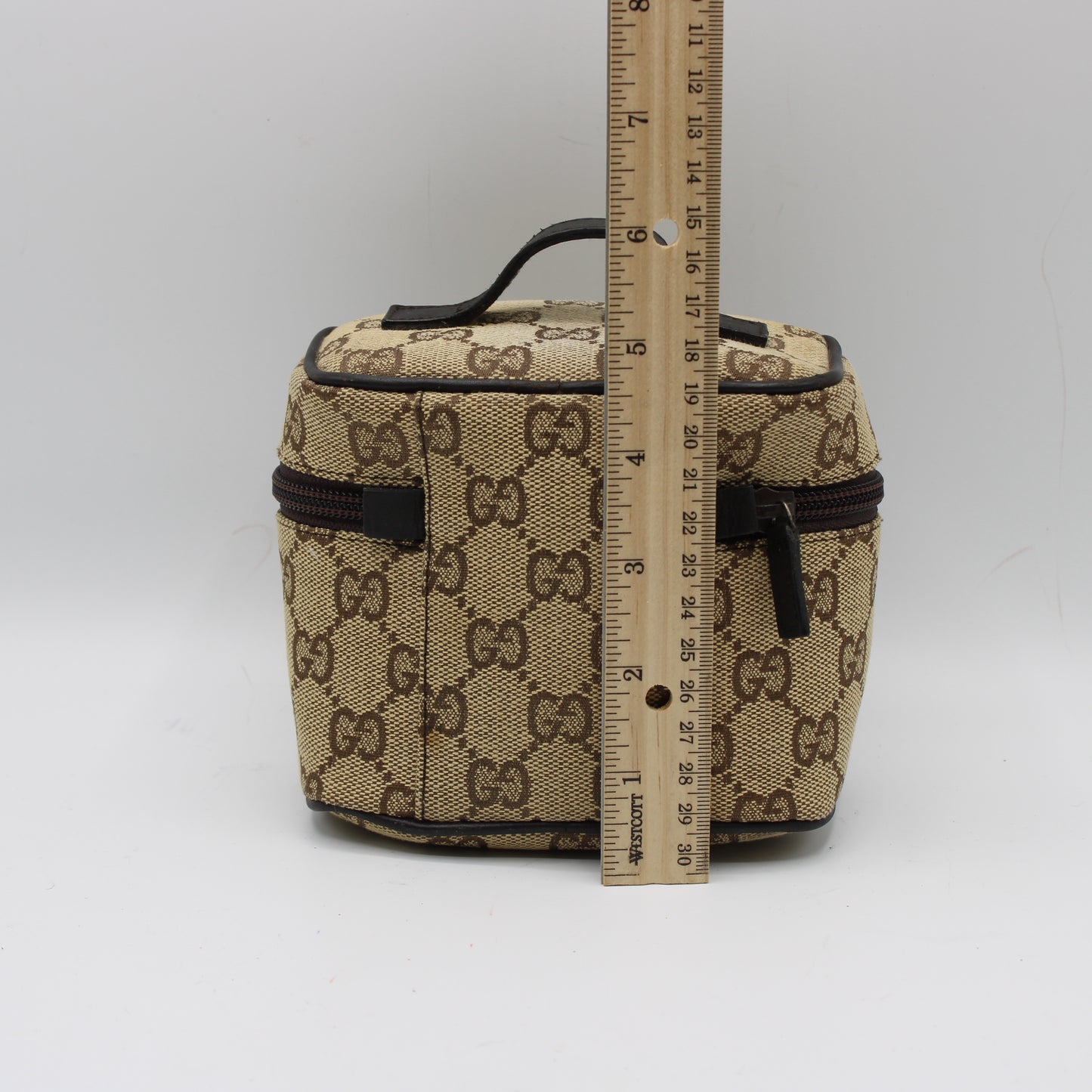 Gucci Beige Brown GG Canvas Leather Mini Vanity Hand Bag
