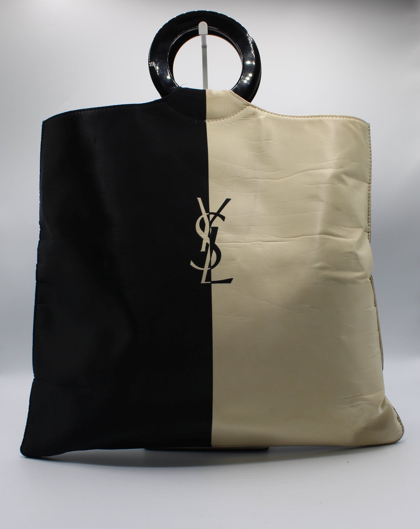 Yves Saint Laurent Black White Cloth Logo Ring Handle Tote Bag