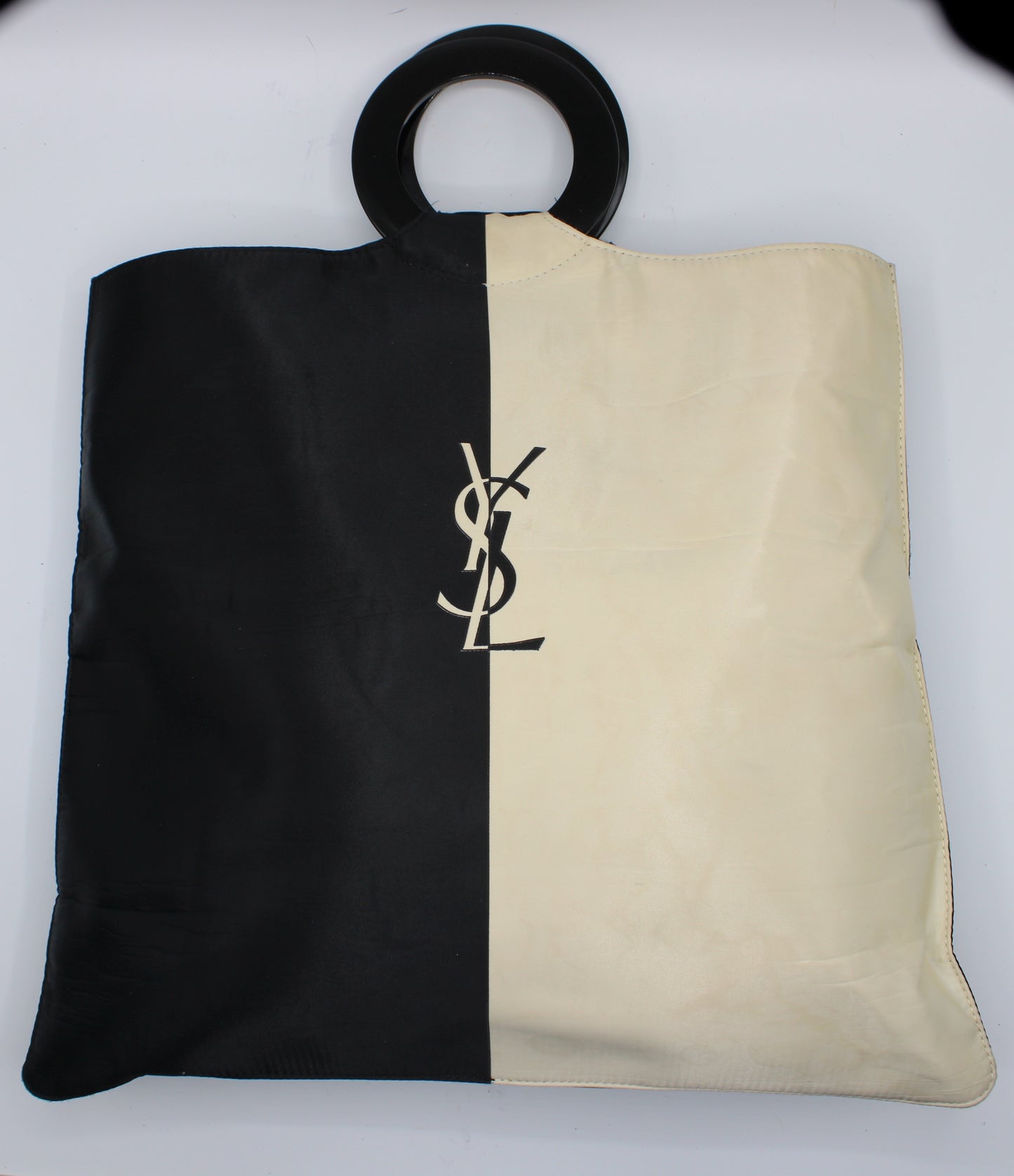 Yves Saint Laurent Black White Cloth Logo Ring Handle Tote Bag