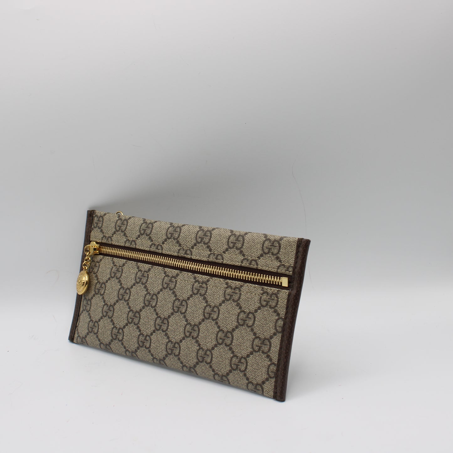 Gucci Beige GG Canvas Leather Trim Chain Clutch Bag