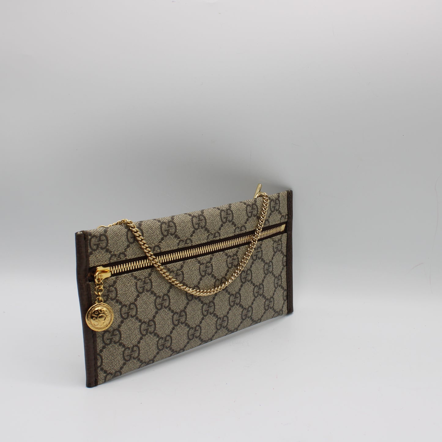 Gucci Beige GG Canvas Leather Trim Chain Clutch Bag