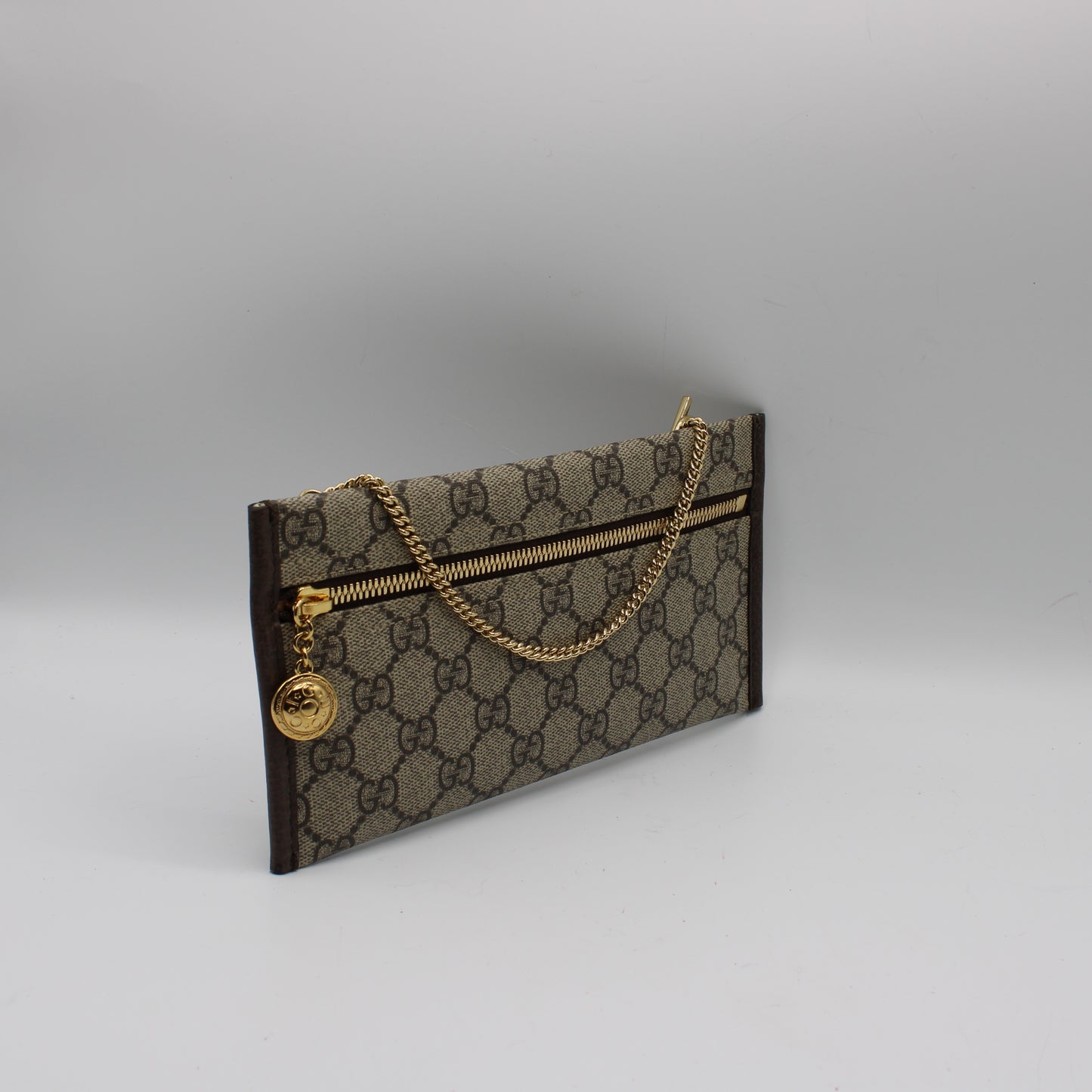 Gucci Beige GG Canvas Leather Trim Chain Clutch Bag