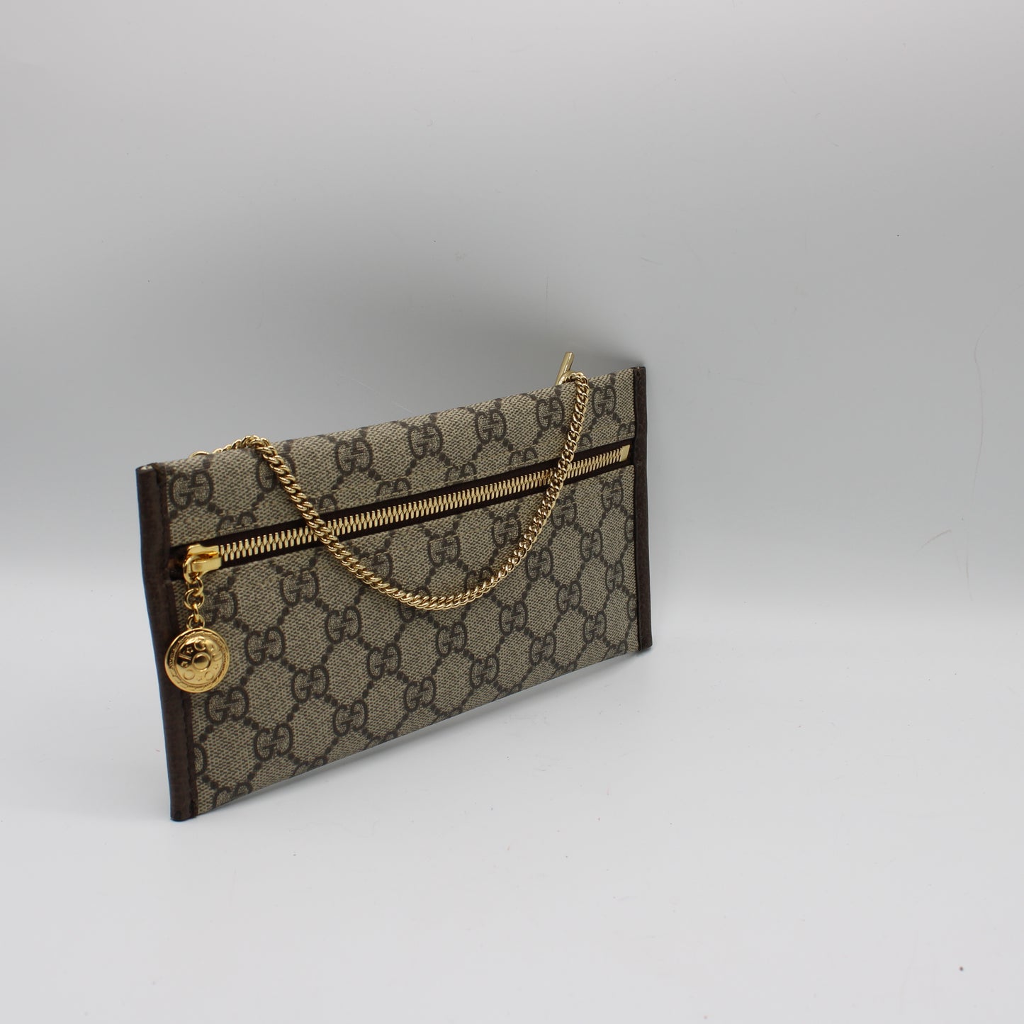 Gucci Beige GG Canvas Leather Trim Chain Clutch Bag