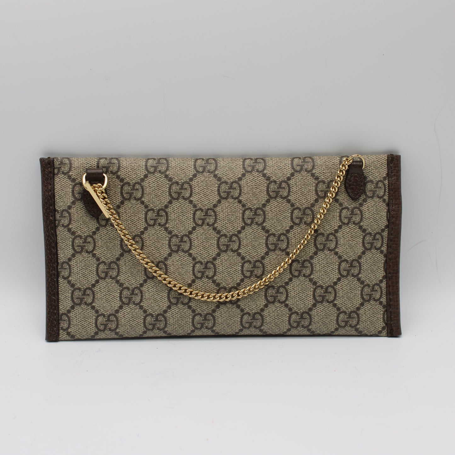 Gucci Beige GG Canvas Leather Trim Chain Clutch Bag