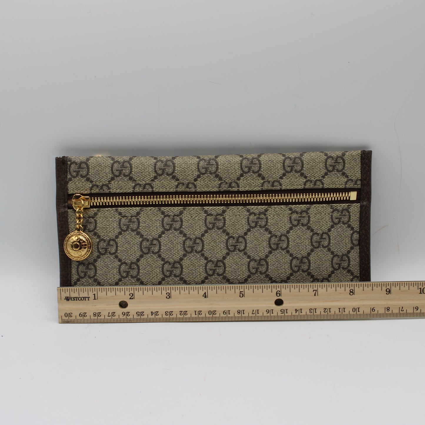 Gucci Beige GG Canvas Leather Trim Chain Clutch Bag