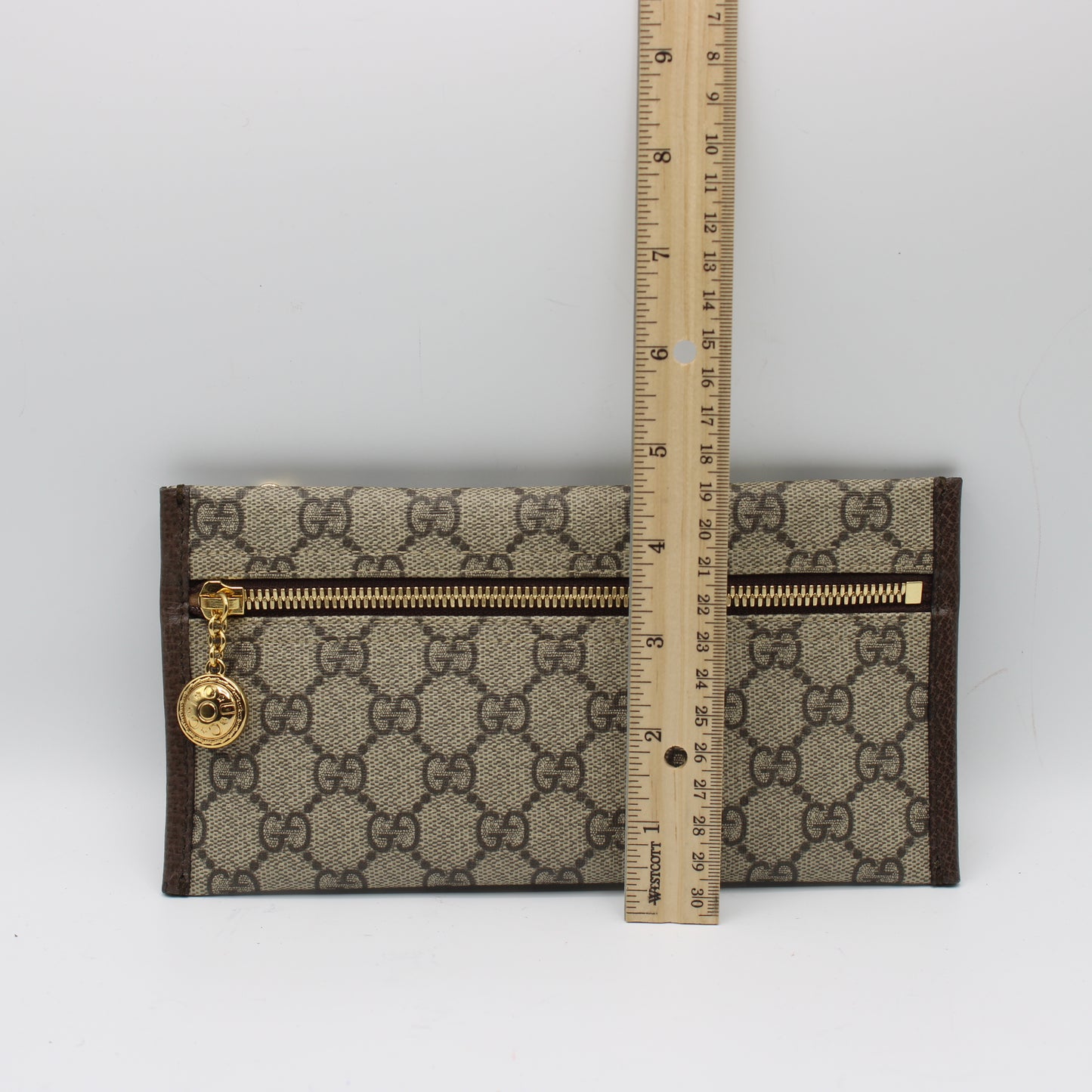 Gucci Beige GG Canvas Leather Trim Chain Clutch Bag