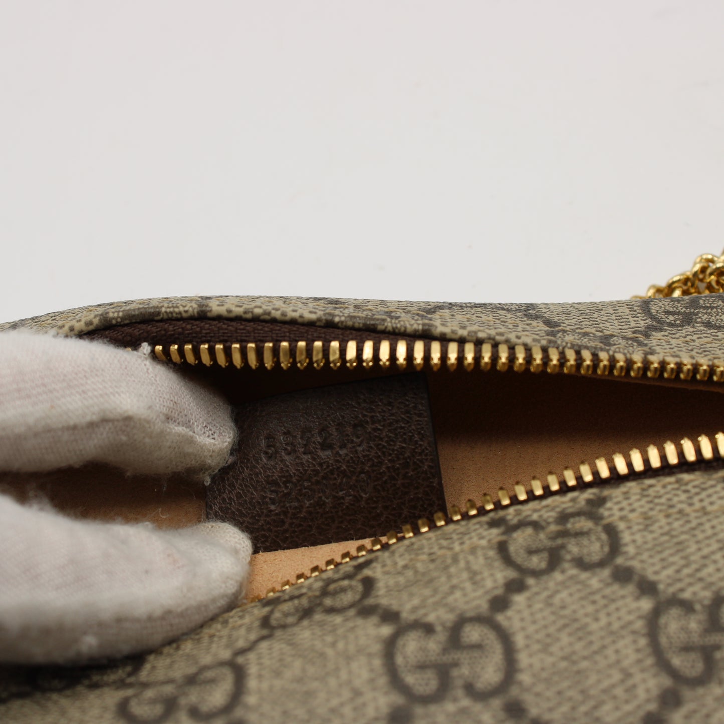 Gucci Beige GG Canvas Leather Trim Chain Clutch Bag