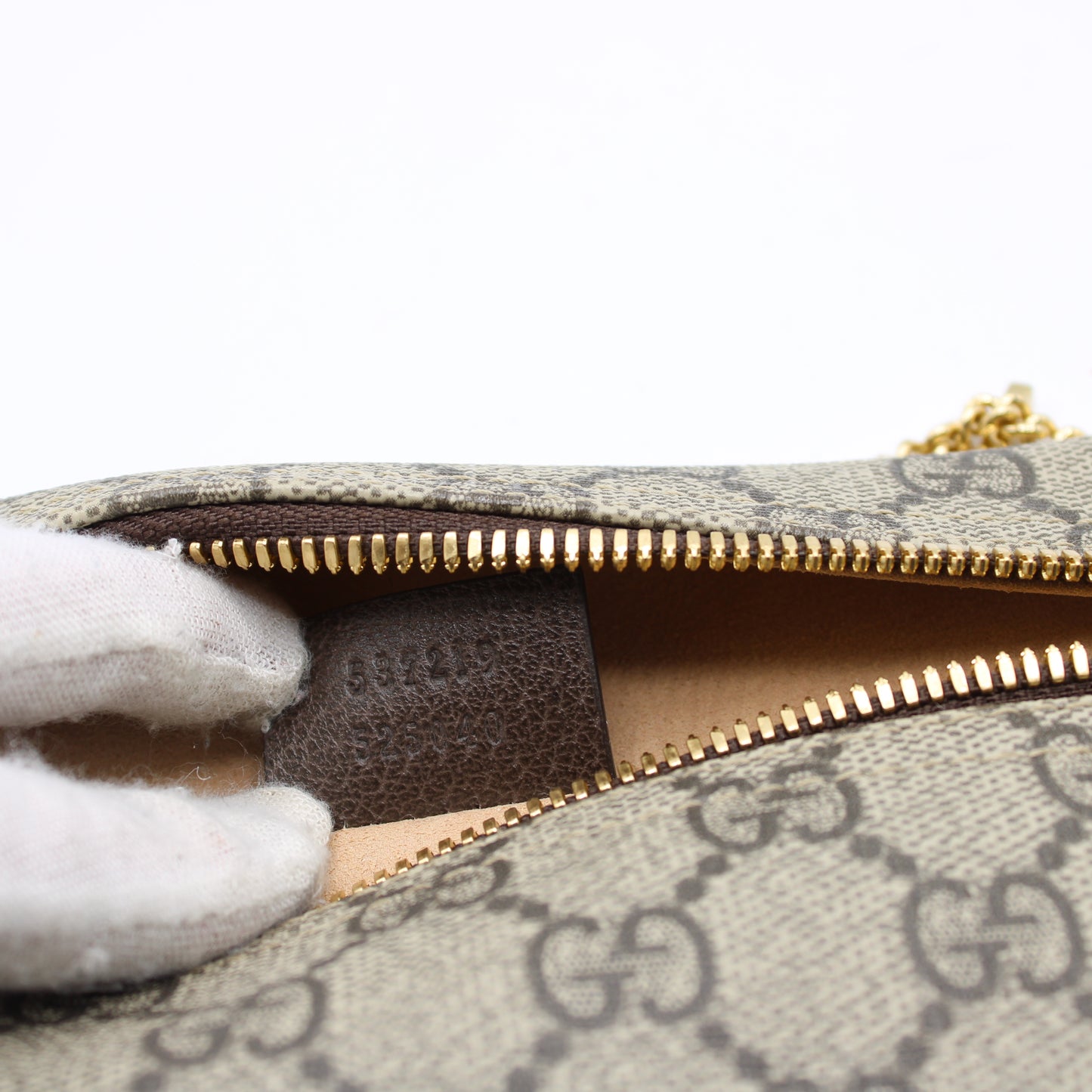 Gucci Beige GG Canvas Leather Trim Chain Clutch Bag