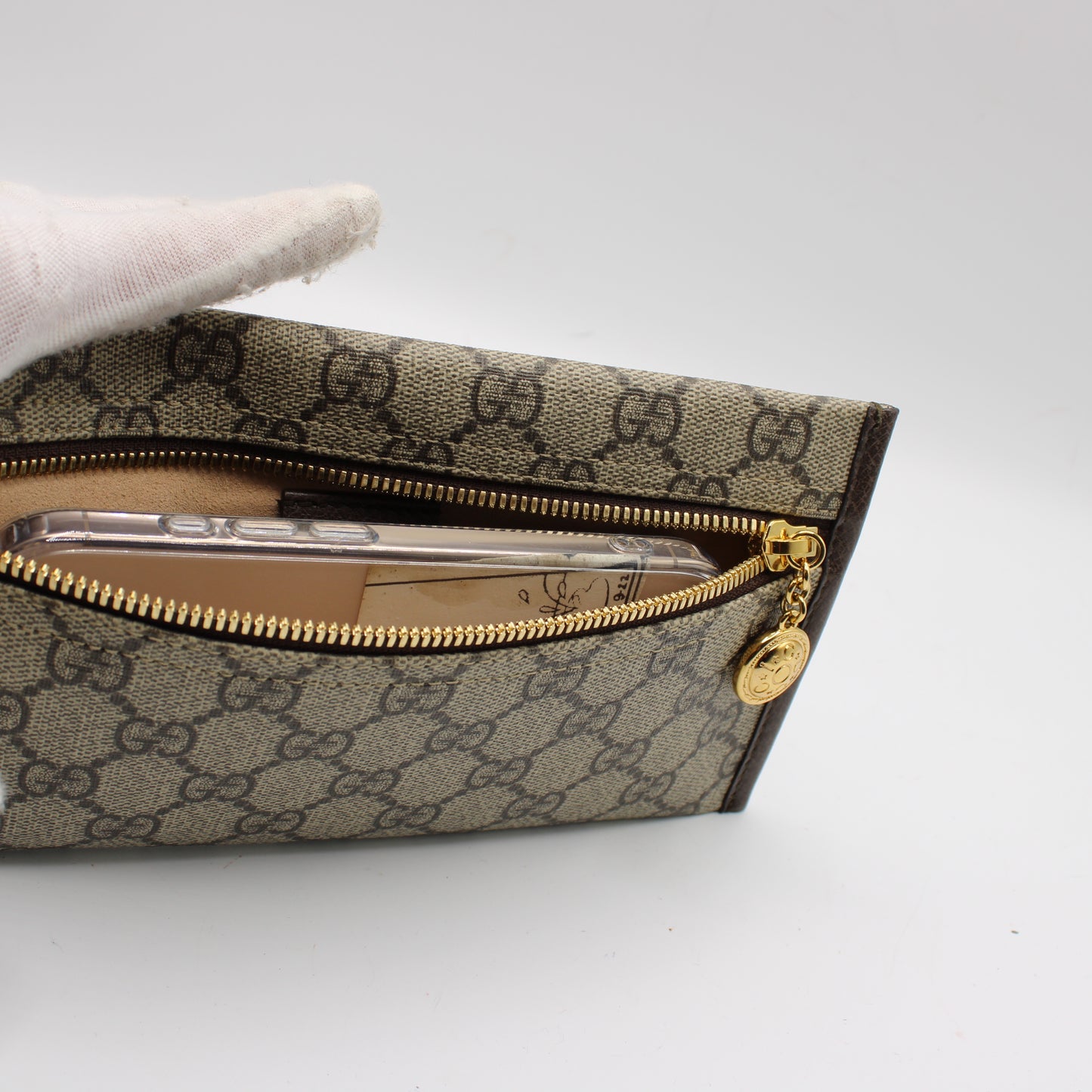 Gucci Beige GG Canvas Leather Trim Chain Clutch Bag