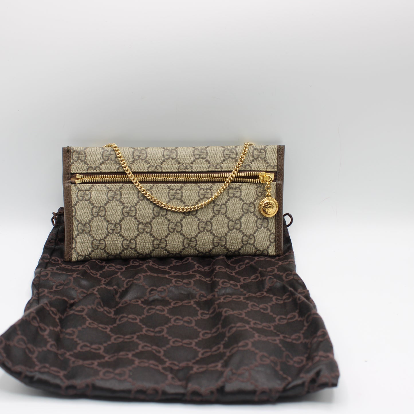 Gucci Beige GG Canvas Leather Trim Chain Clutch Bag