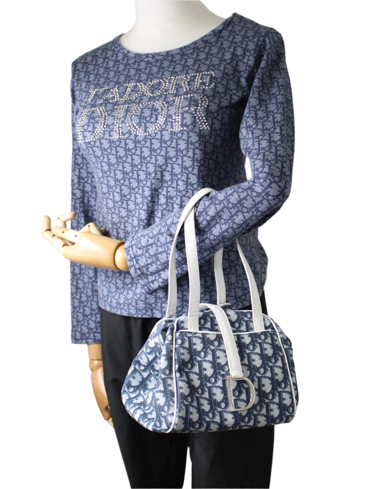 Christian Dior Navy Canvas Trotter D Logo Mini Handbag