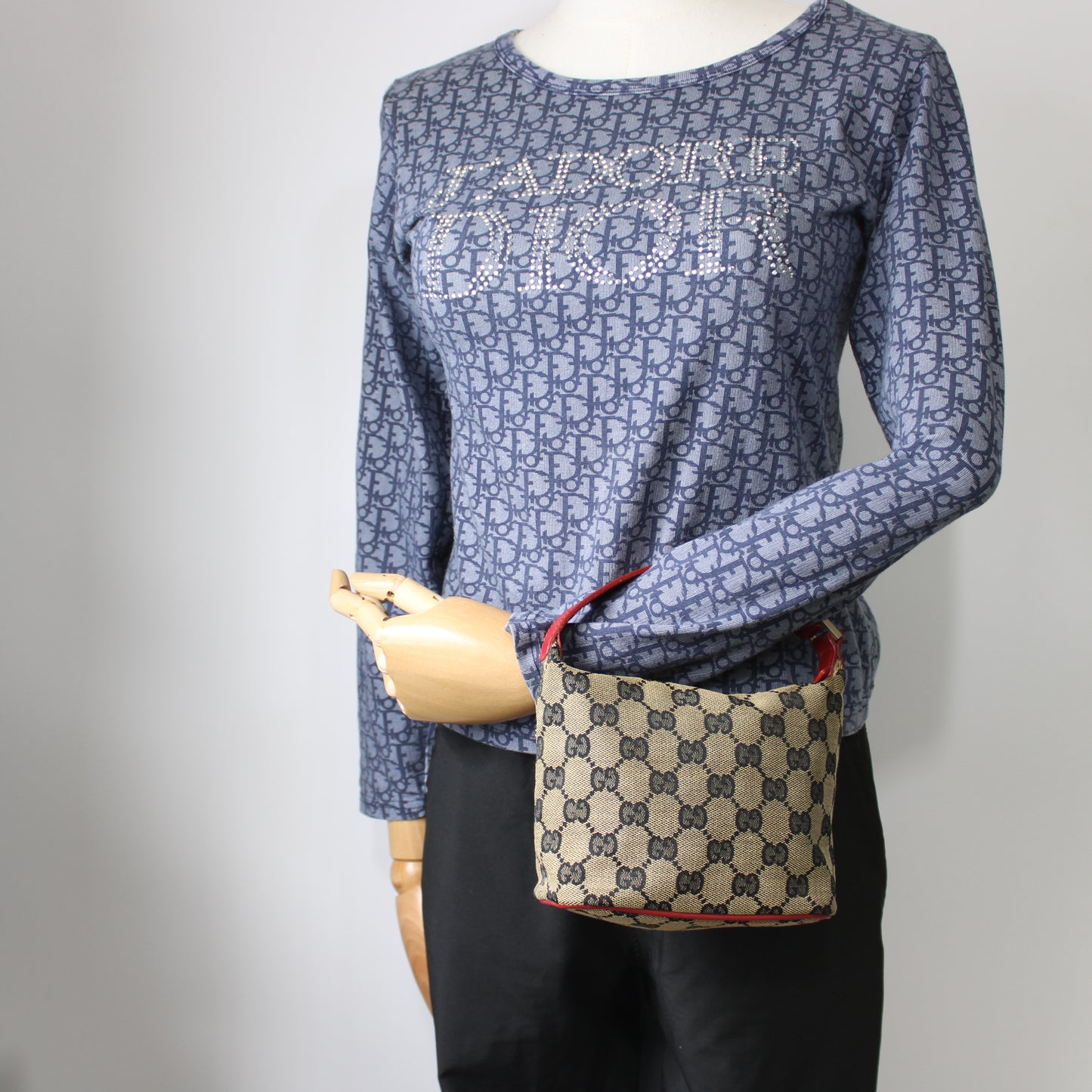 GUCCI Beige GG Canvas Red Leather Mini Pouch Handbag