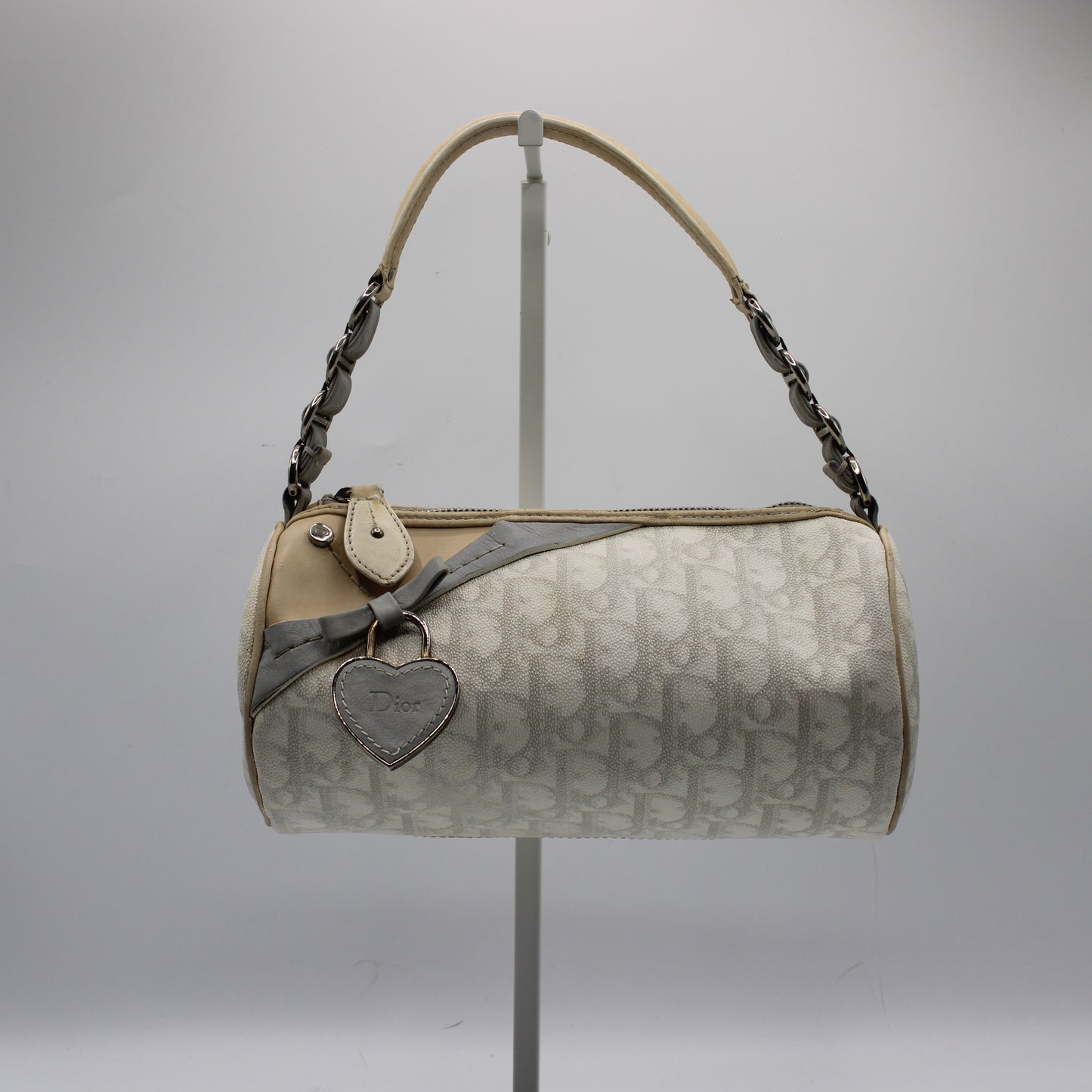 Christian Dior Off White Canvas Romantique Barrel Bag With Leather Trim