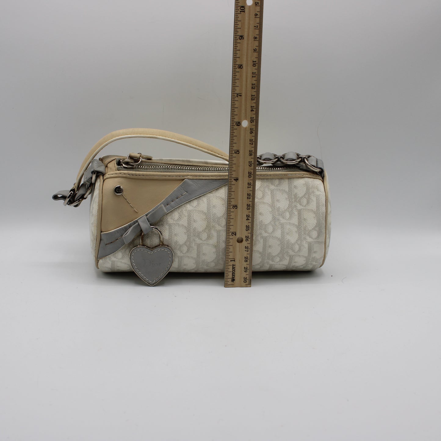 Christian Dior Off White Canvas Romantique Barrel Bag With Leather Trim