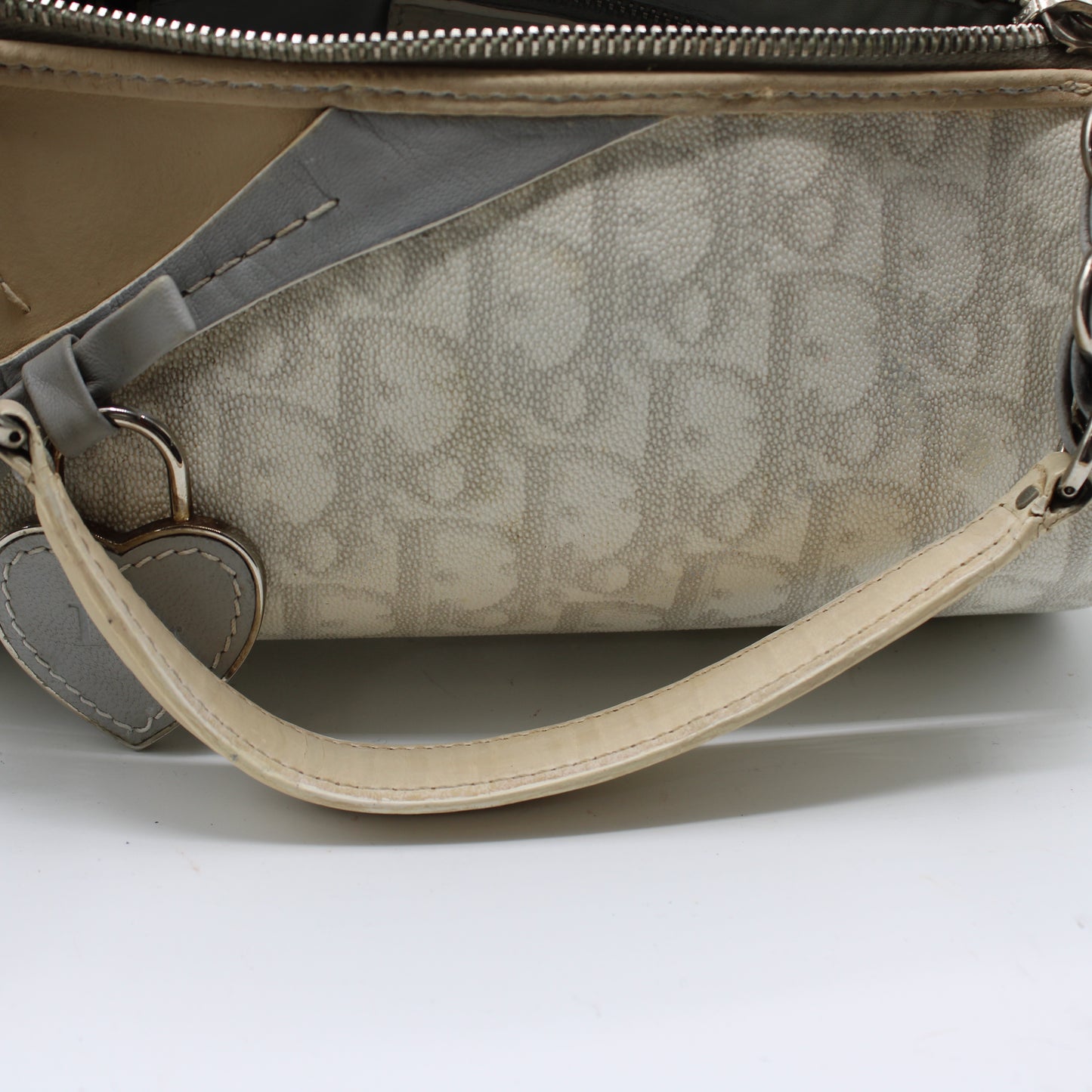 Christian Dior Off White Canvas Romantique Barrel Bag With Leather Trim
