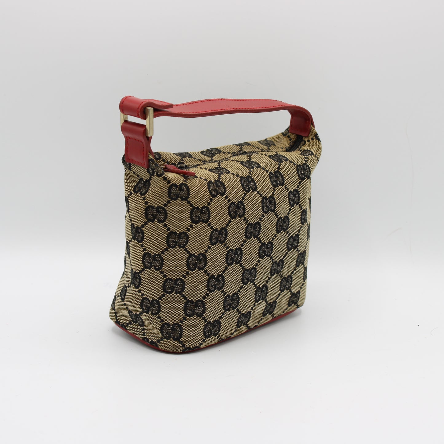 GUCCI Beige GG Canvas Red Leather Mini Pouch Handbag