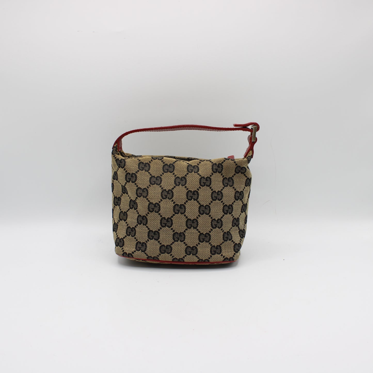 GUCCI Beige GG Canvas Red Leather Mini Pouch Handbag