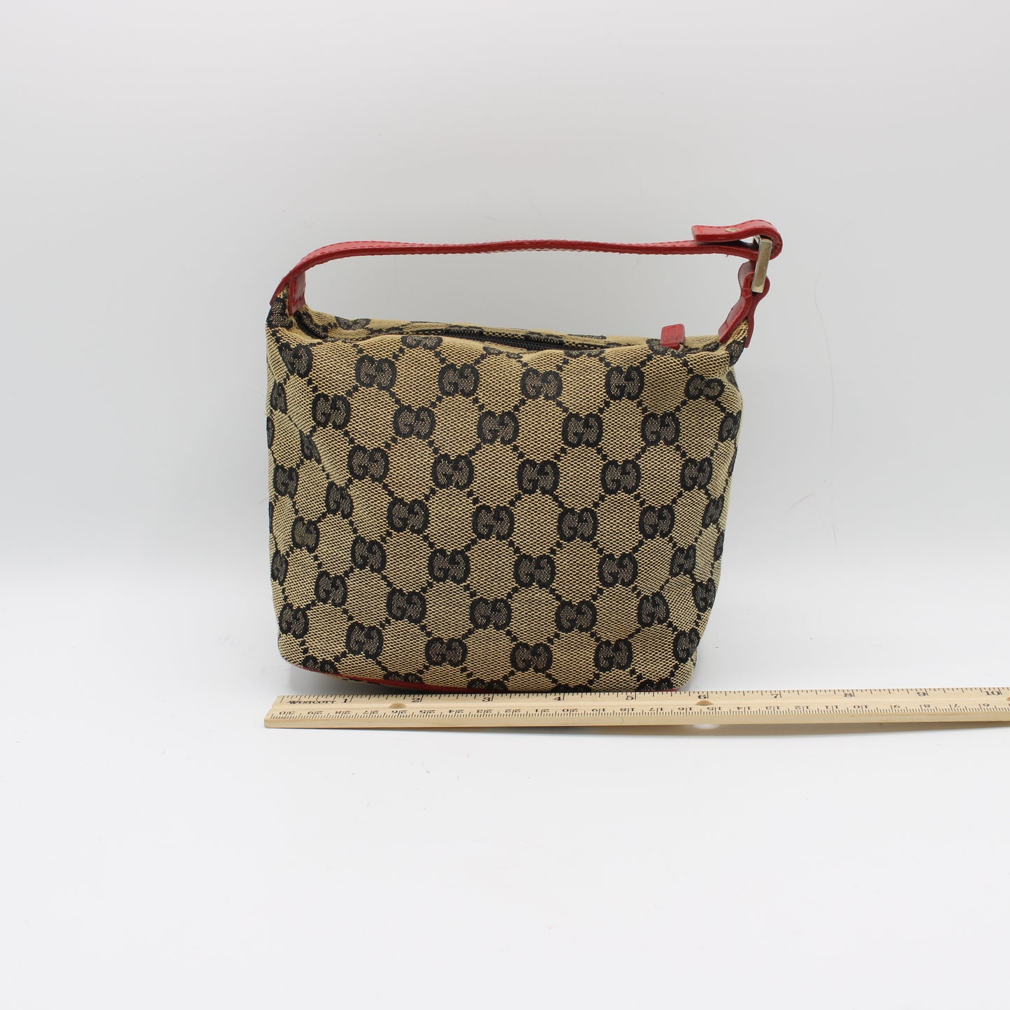 GUCCI Beige GG Canvas Red Leather Mini Pouch Handbag