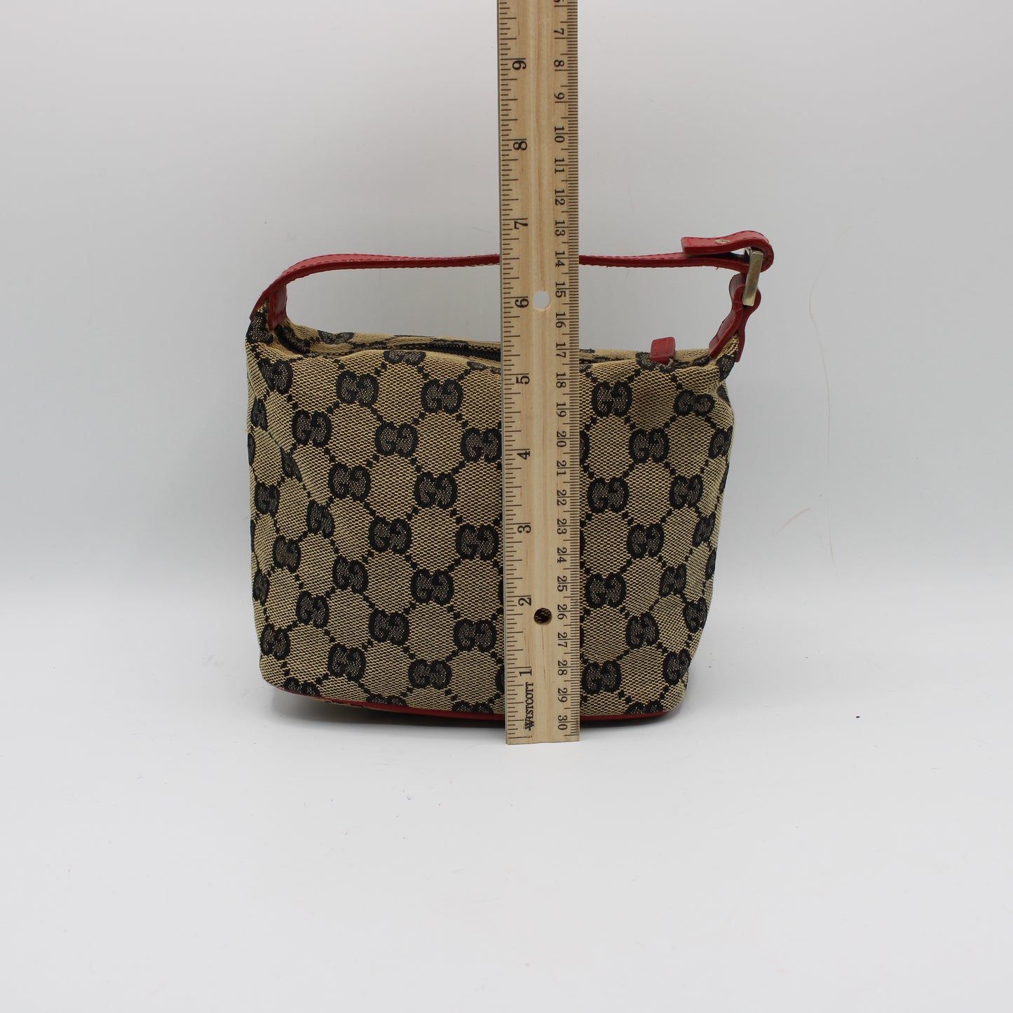 GUCCI Beige GG Canvas Red Leather Mini Pouch Handbag