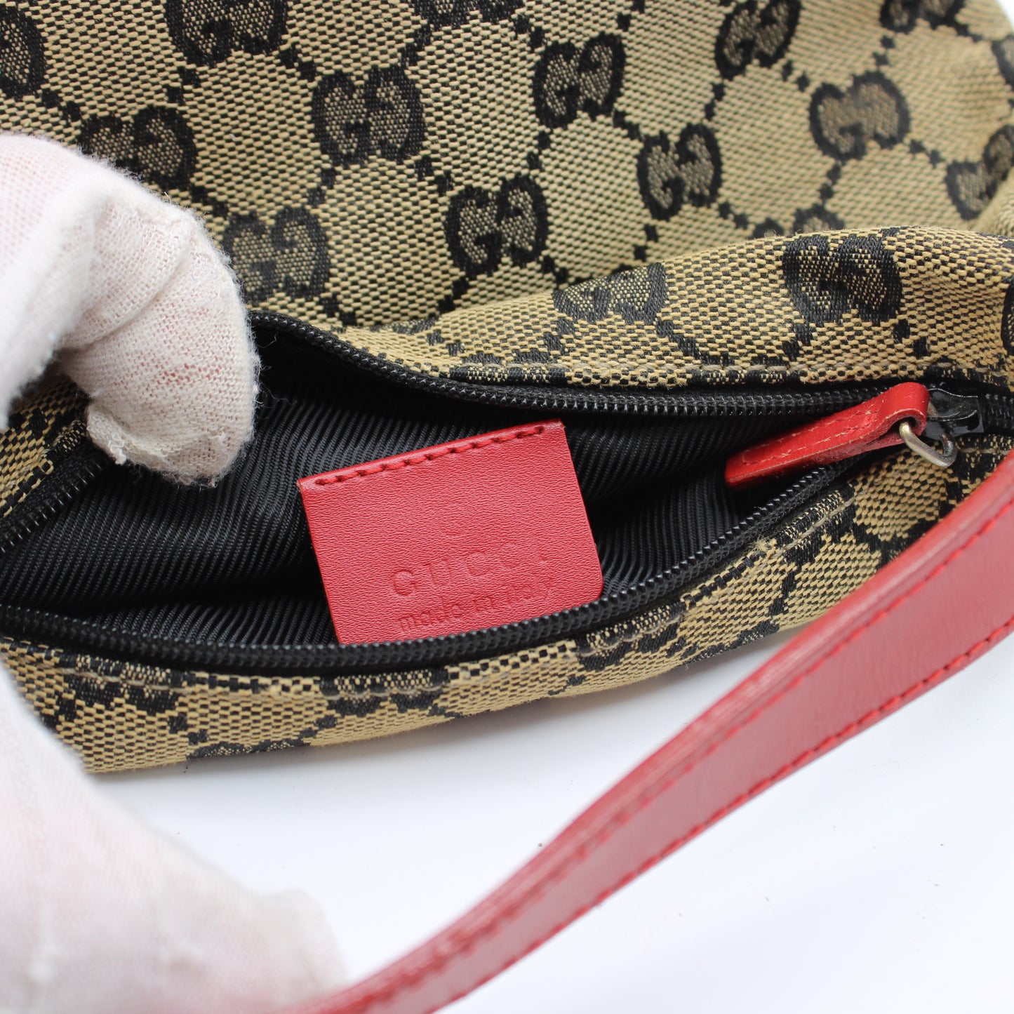GUCCI Beige GG Canvas Red Leather Mini Pouch Handbag