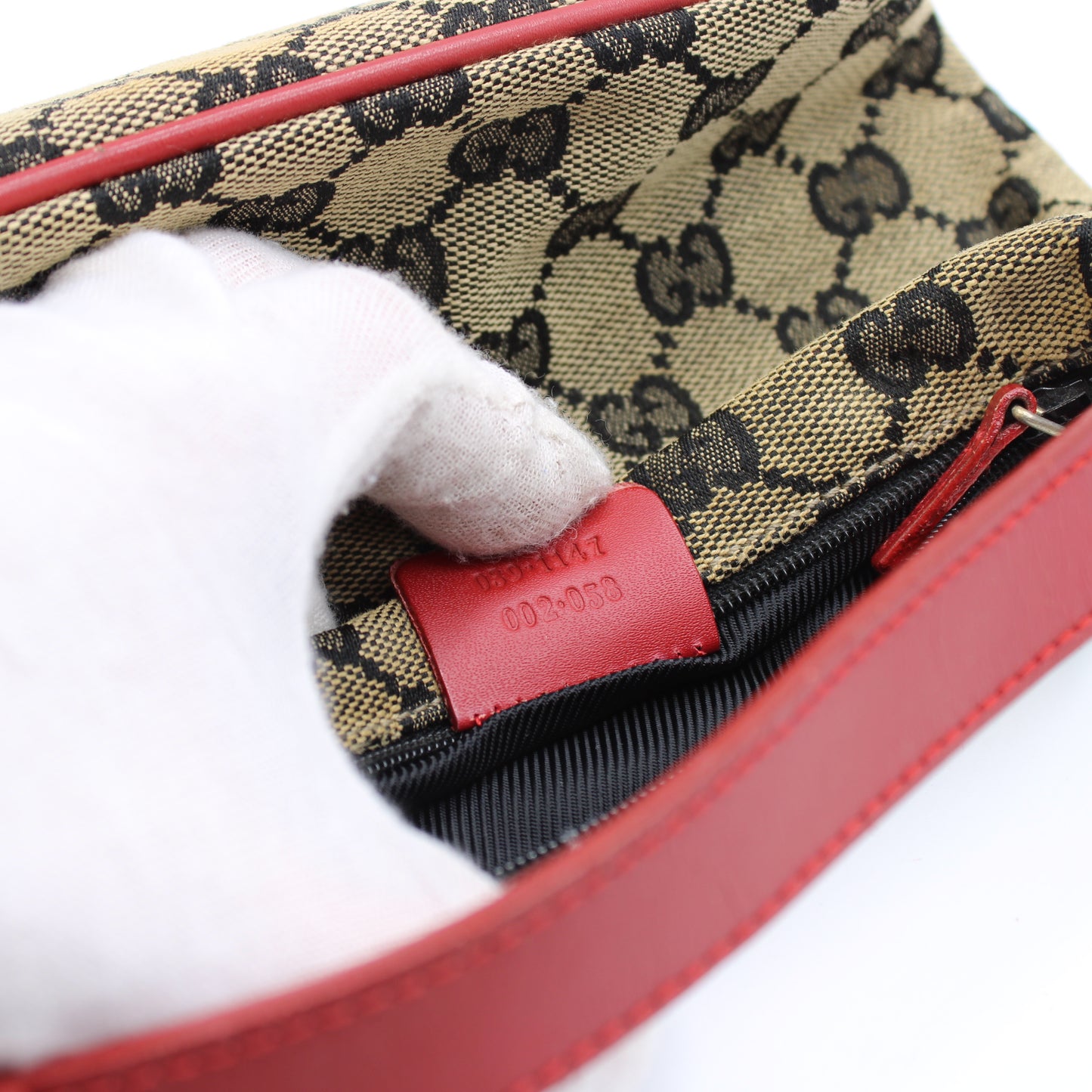 GUCCI Beige GG Canvas Red Leather Mini Pouch Handbag