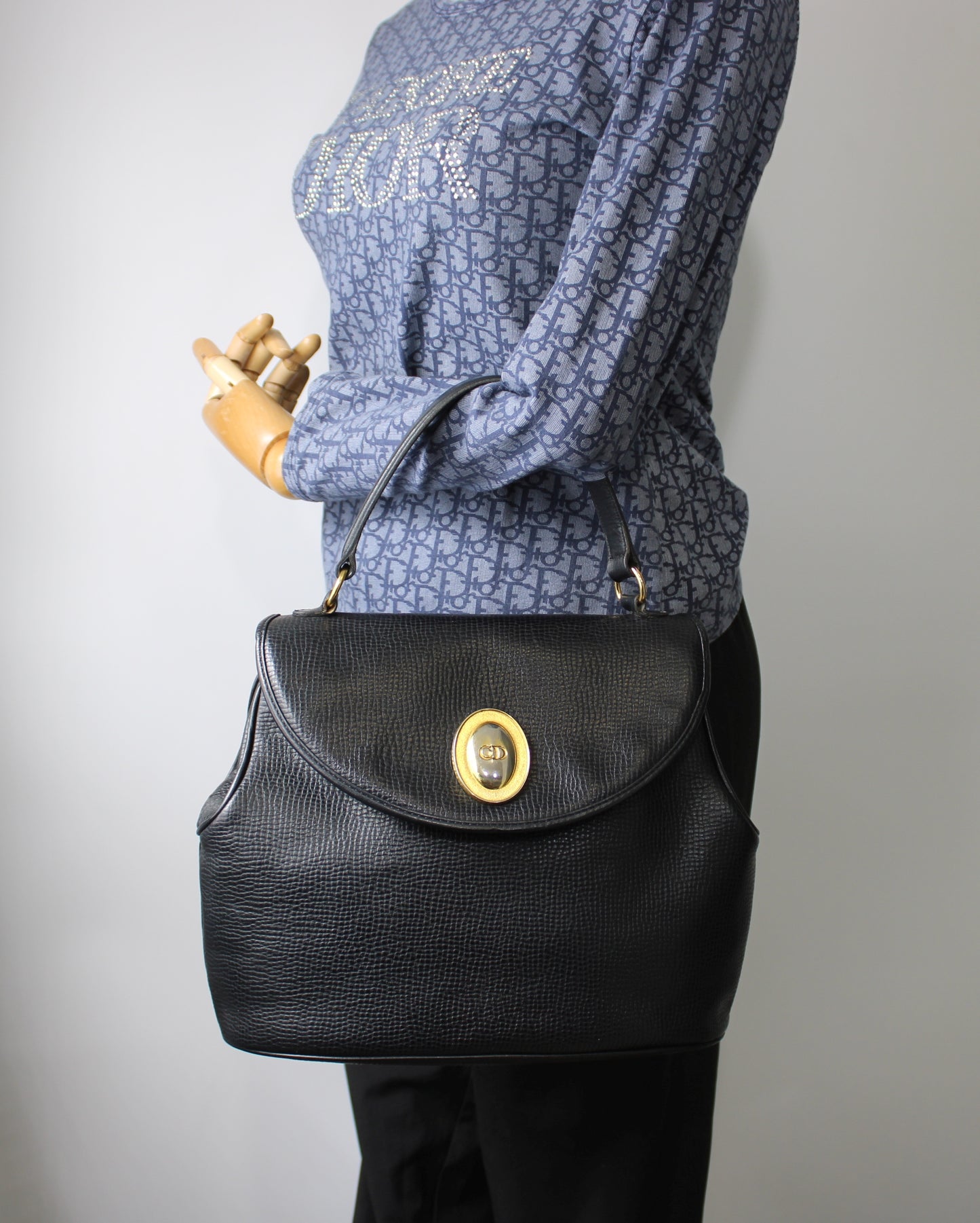 Christian Dior Black Grained Leather 1990s Oval Logo Top Handle Bag