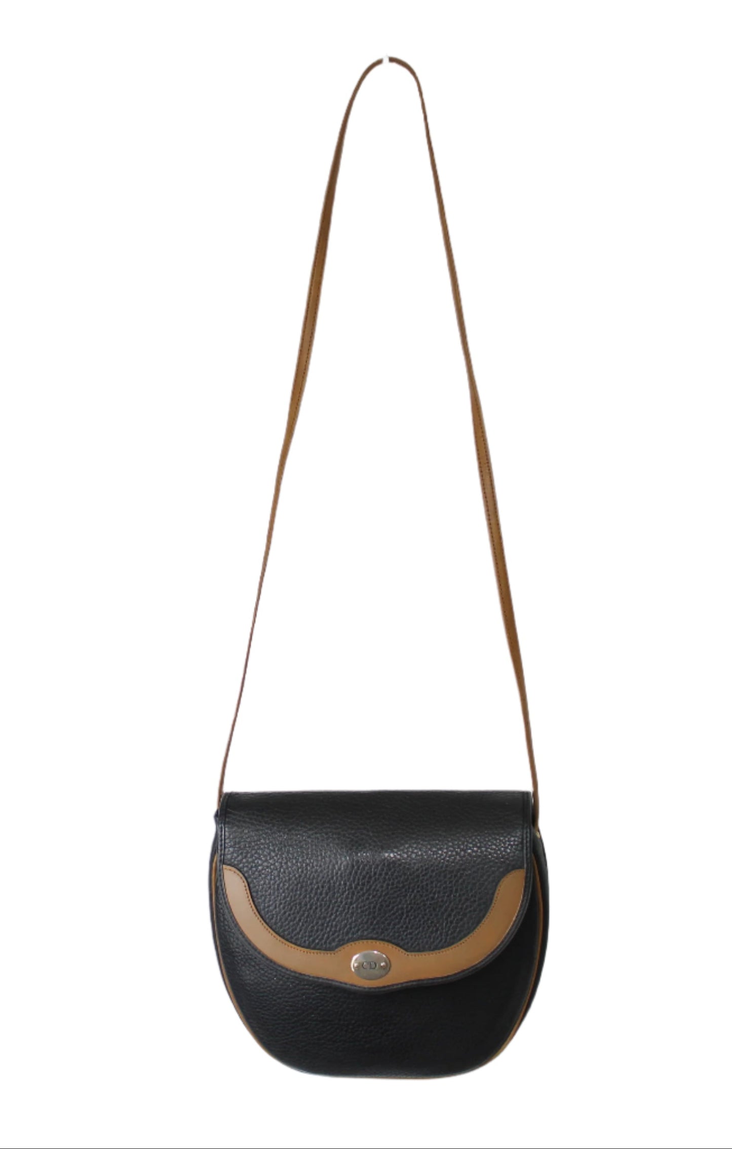 Black leather handbag with brown accents on a white background