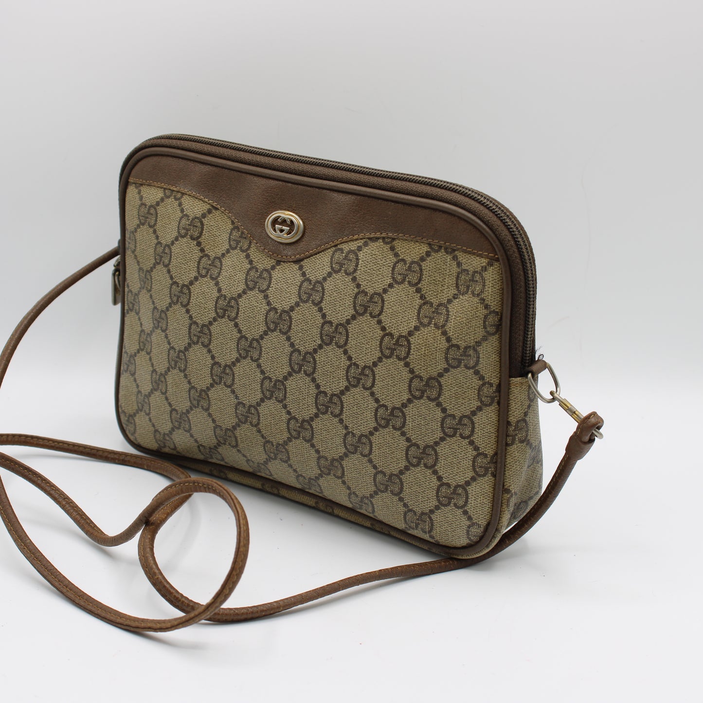 Gucci Brown GG Canvas Leather Trim Crossbody Bag