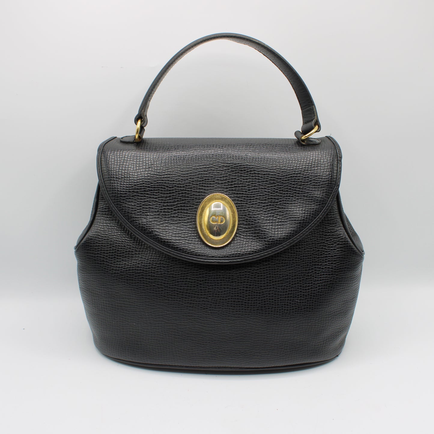Christian Dior Black Grained Leather 1990s Oval Logo Top Handle Bag