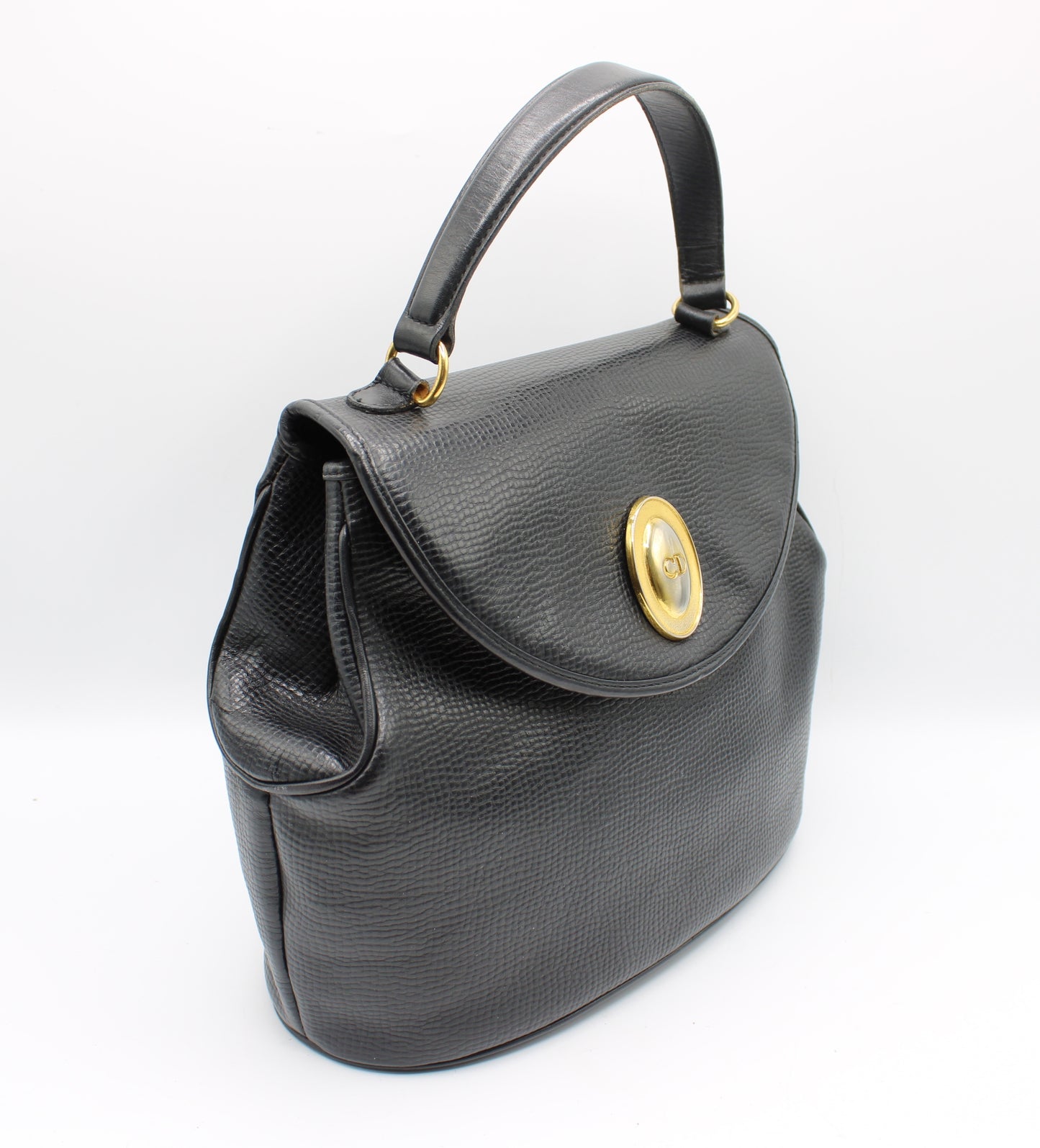 Christian Dior Black Grained Leather 1990s Oval Logo Top Handle Bag