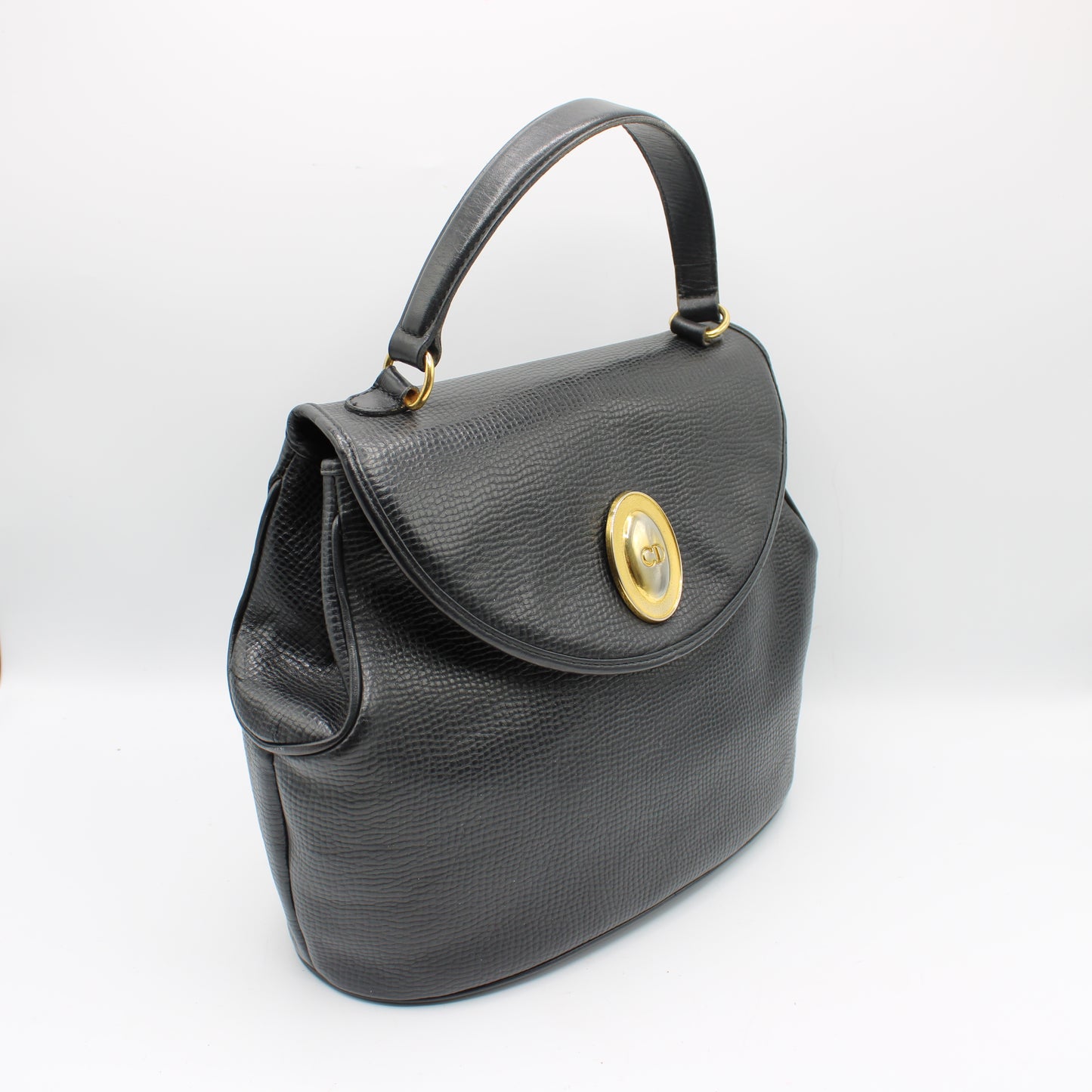 Christian Dior Black Grained Leather 1990s Oval Logo Top Handle Bag