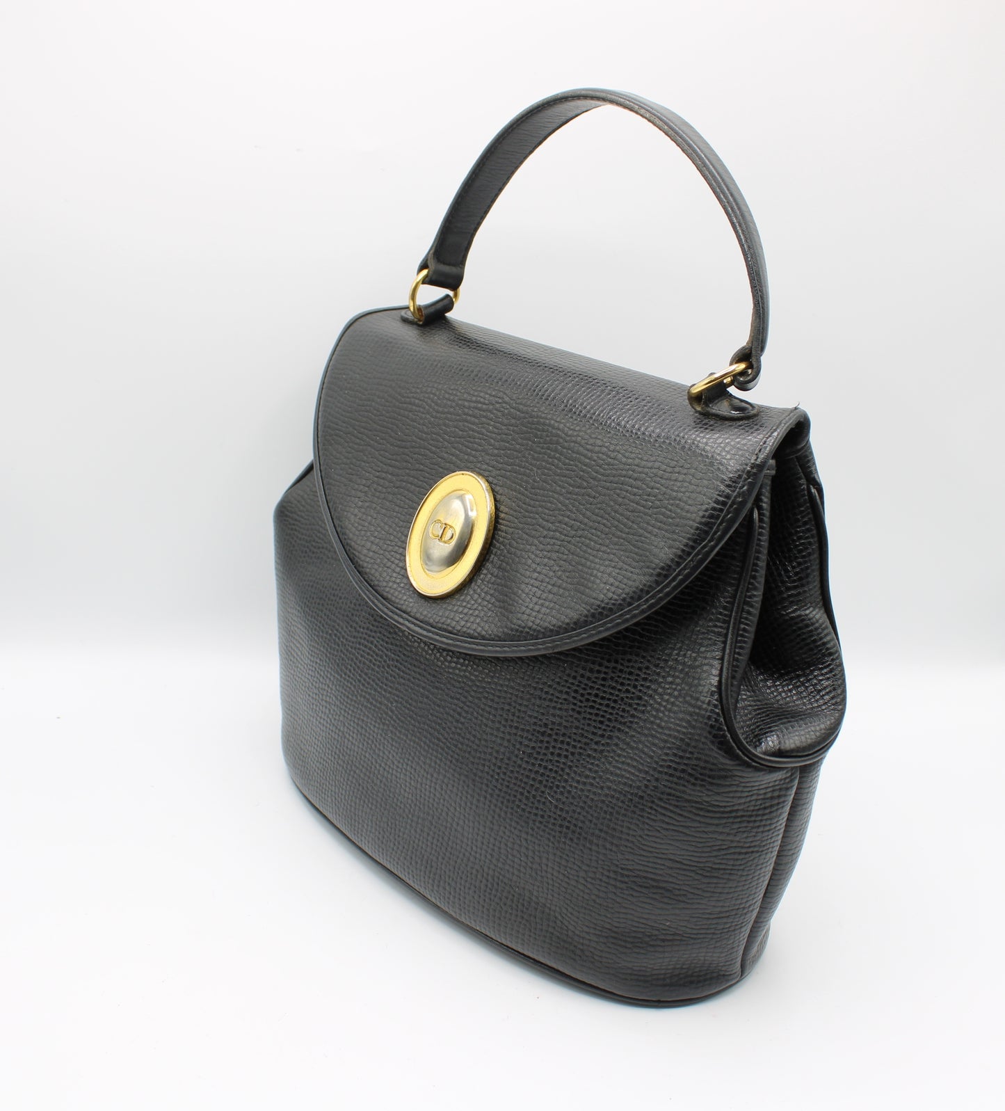 Christian Dior Black Grained Leather 1990s Oval Logo Top Handle Bag