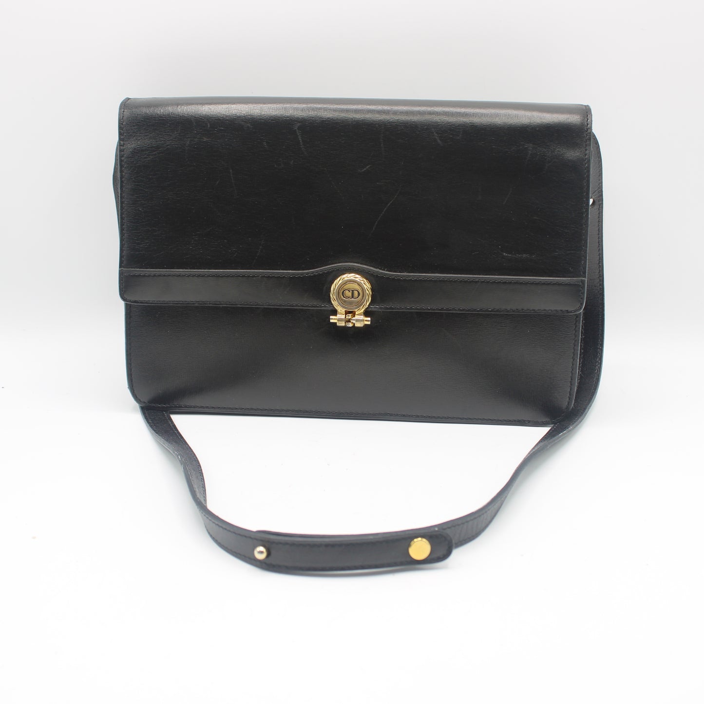 Christian Dior Black Leather Gold Logo Flap Shoulder Bag